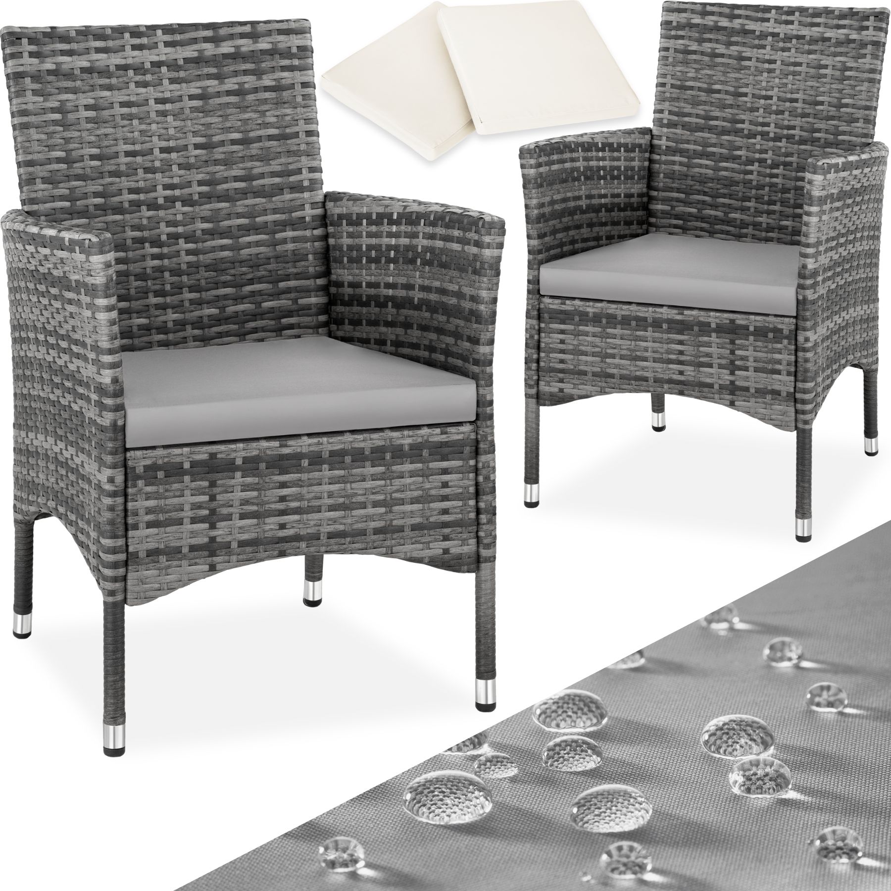 2 polyrattan havestole + hynder med 2 sæt betræk - grå/lysegrå