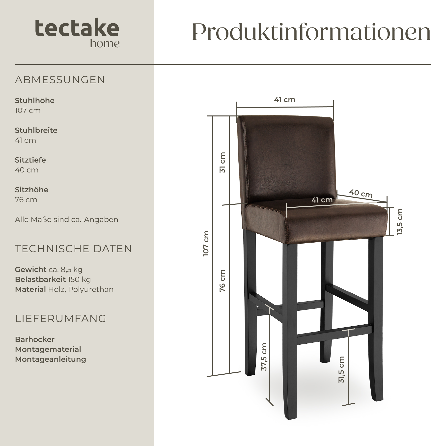 Barhocker mit Rückenlehne Kunstleder Barstuhl Tresenhocker Hocker Gepolstert 