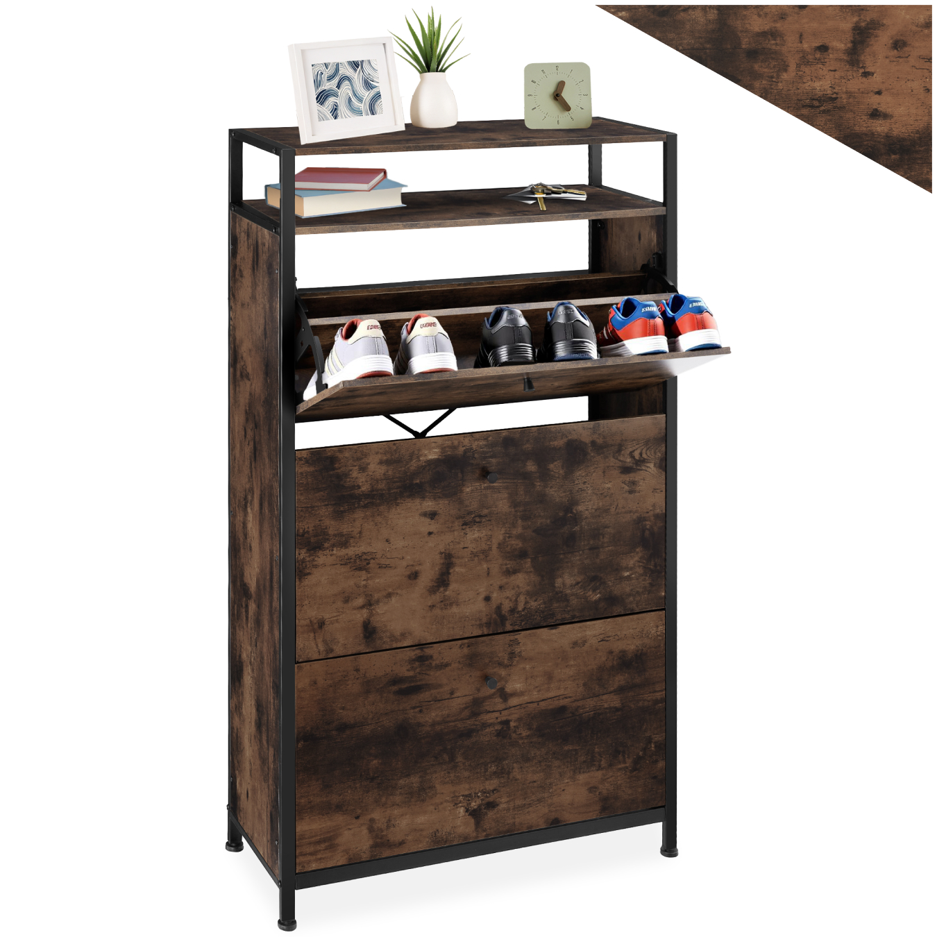 Schoenenkast - Industrieel hout donker, rustiek, 61 cm