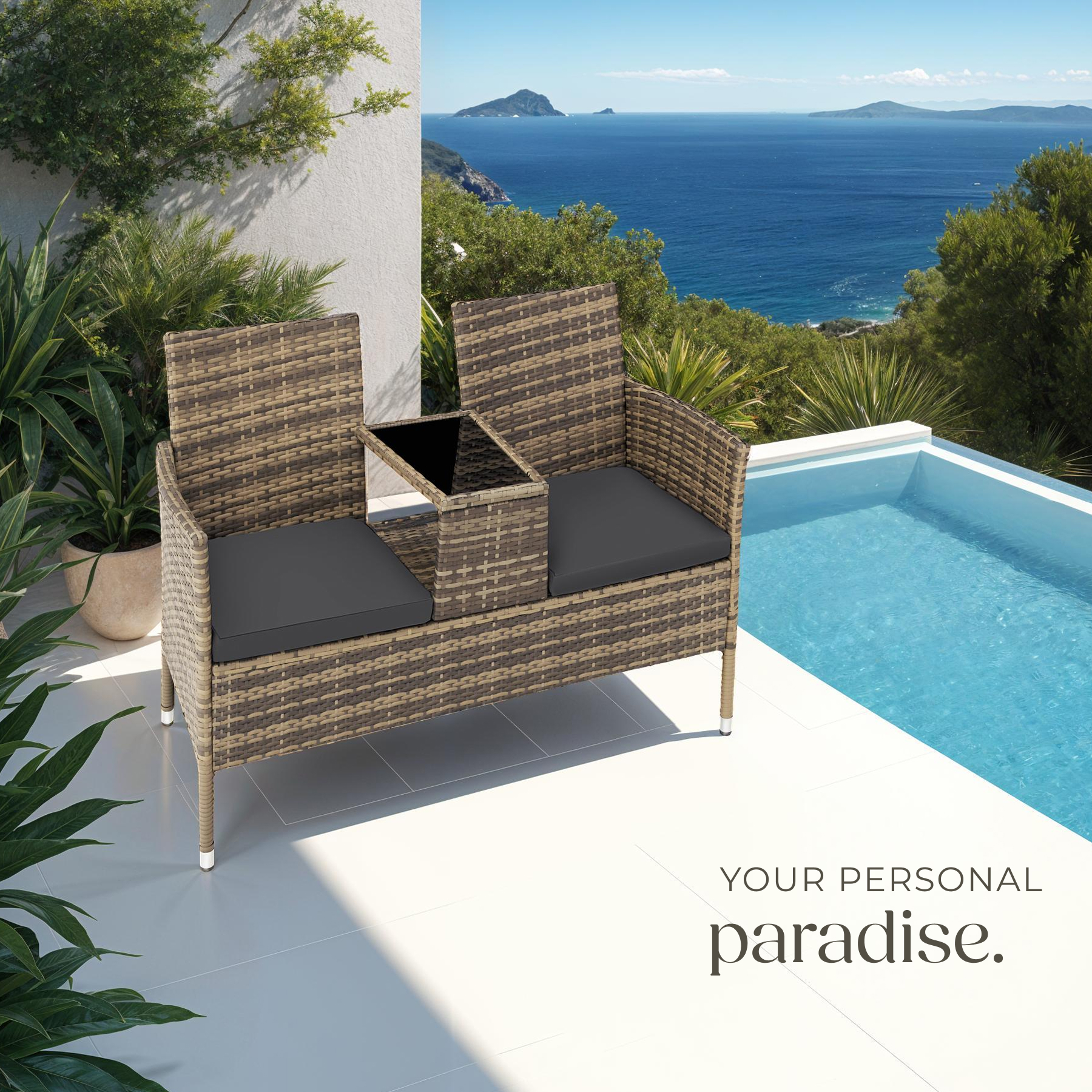 Poly Rattan Bench Glass Table Garden Furniture 2 Seats Wicker Patio Balcony New - Picture 70 of 81