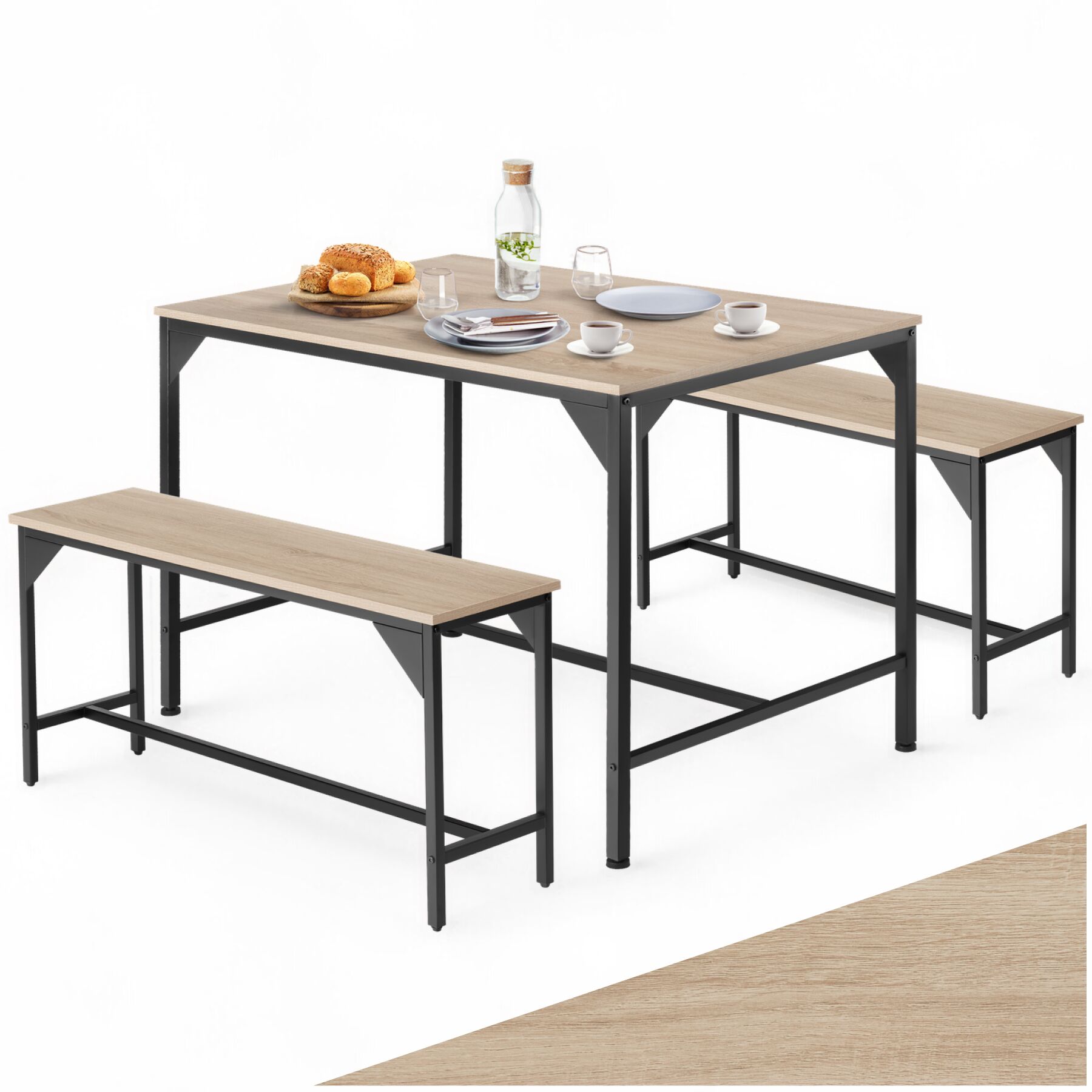 Dining Table Set Bolton - 3-piece, 2 benches - industrial wood light, oak Sonoma | tectake