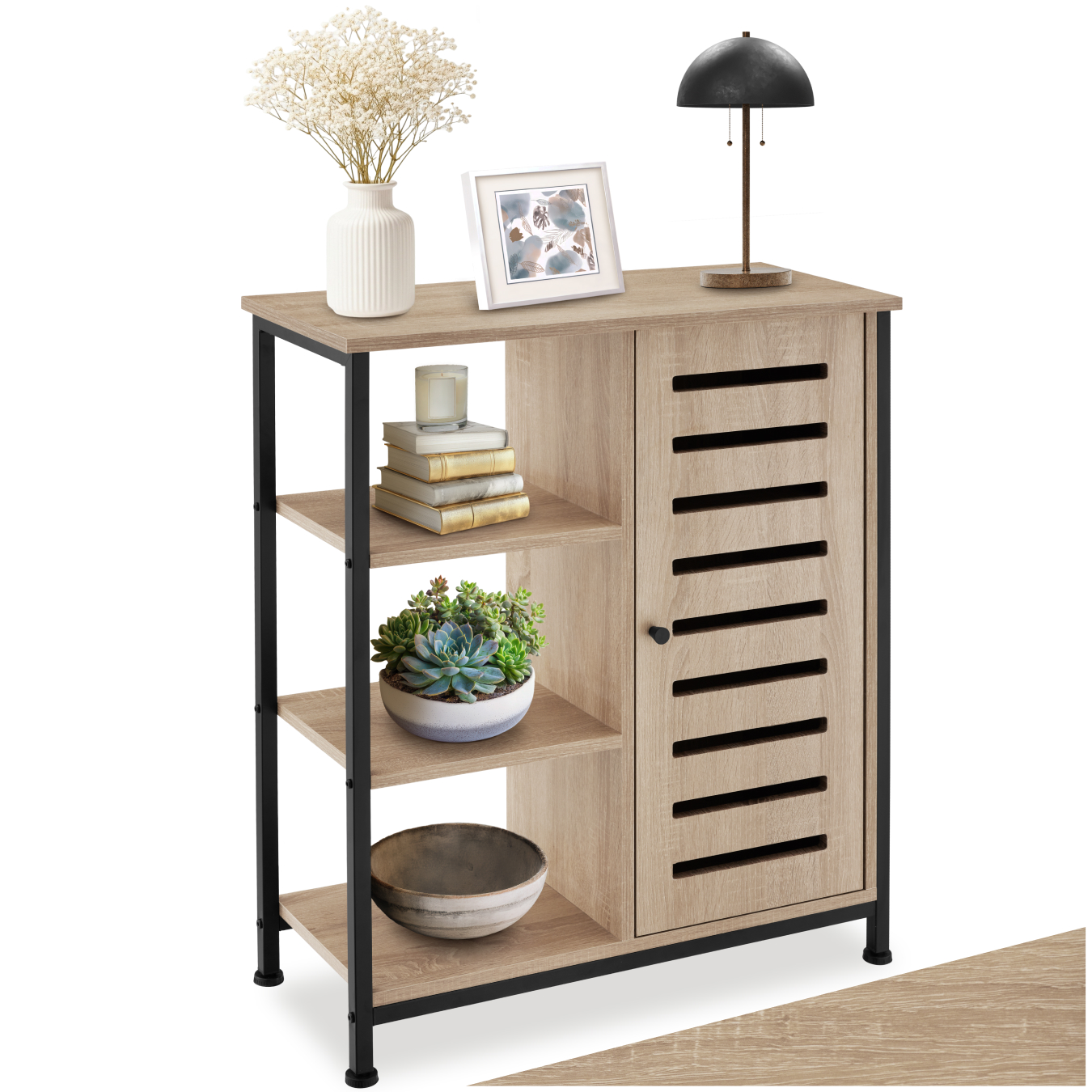 Sideboard - surface top, 3 open shelves, 1 cabinet with adjustable shelves - industrial wood light, oak Sonoma, Door hinge on the right