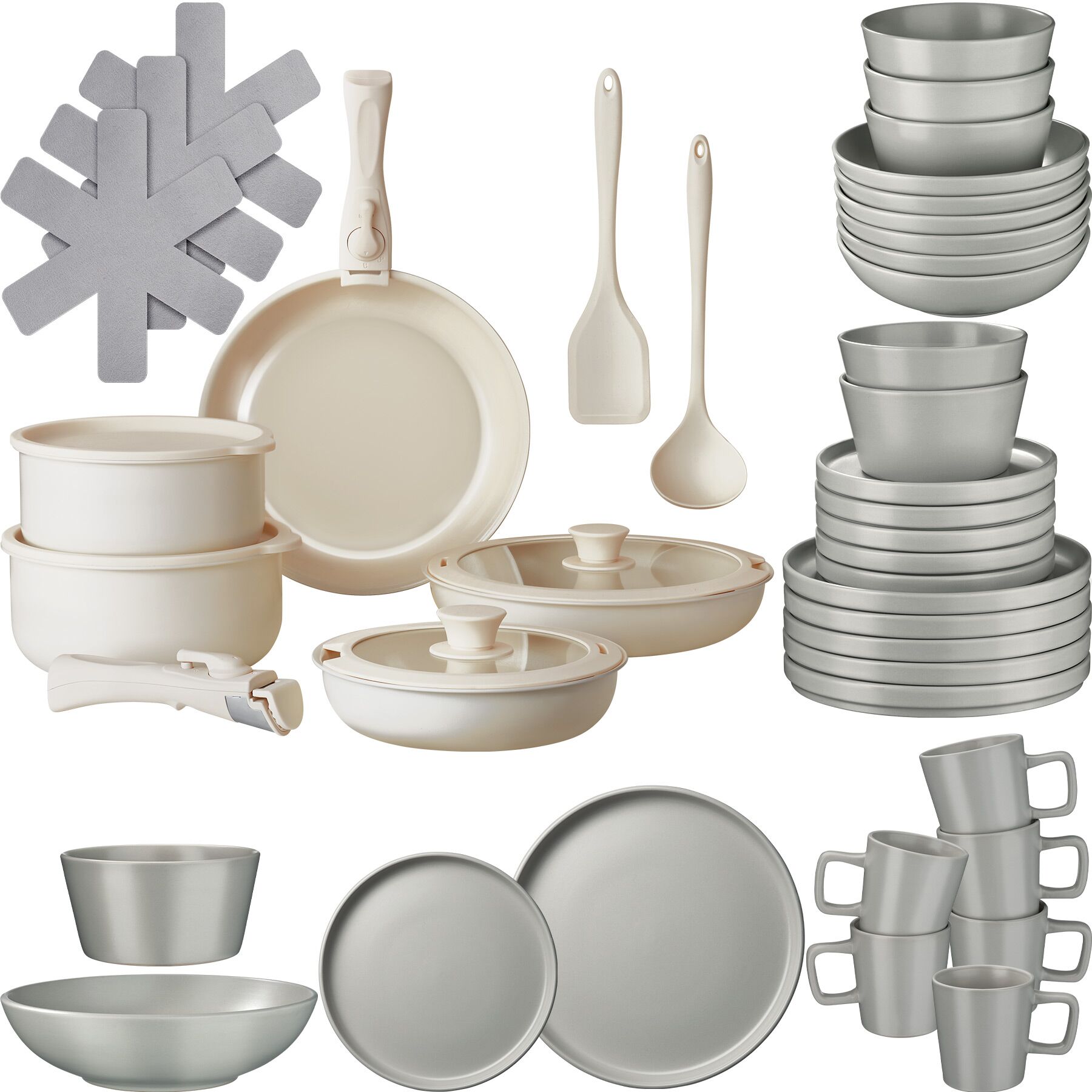Kitchen starter set for 6 people with crockery, pots etc. - grey/white, 46