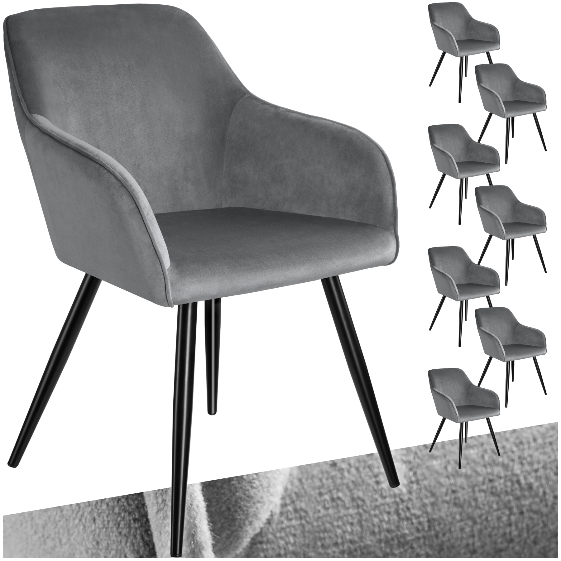 Esszimmerstuhl Marilyn Samtoptik, schwarze Stuhlbeine - grau/schwarz, 8er Set