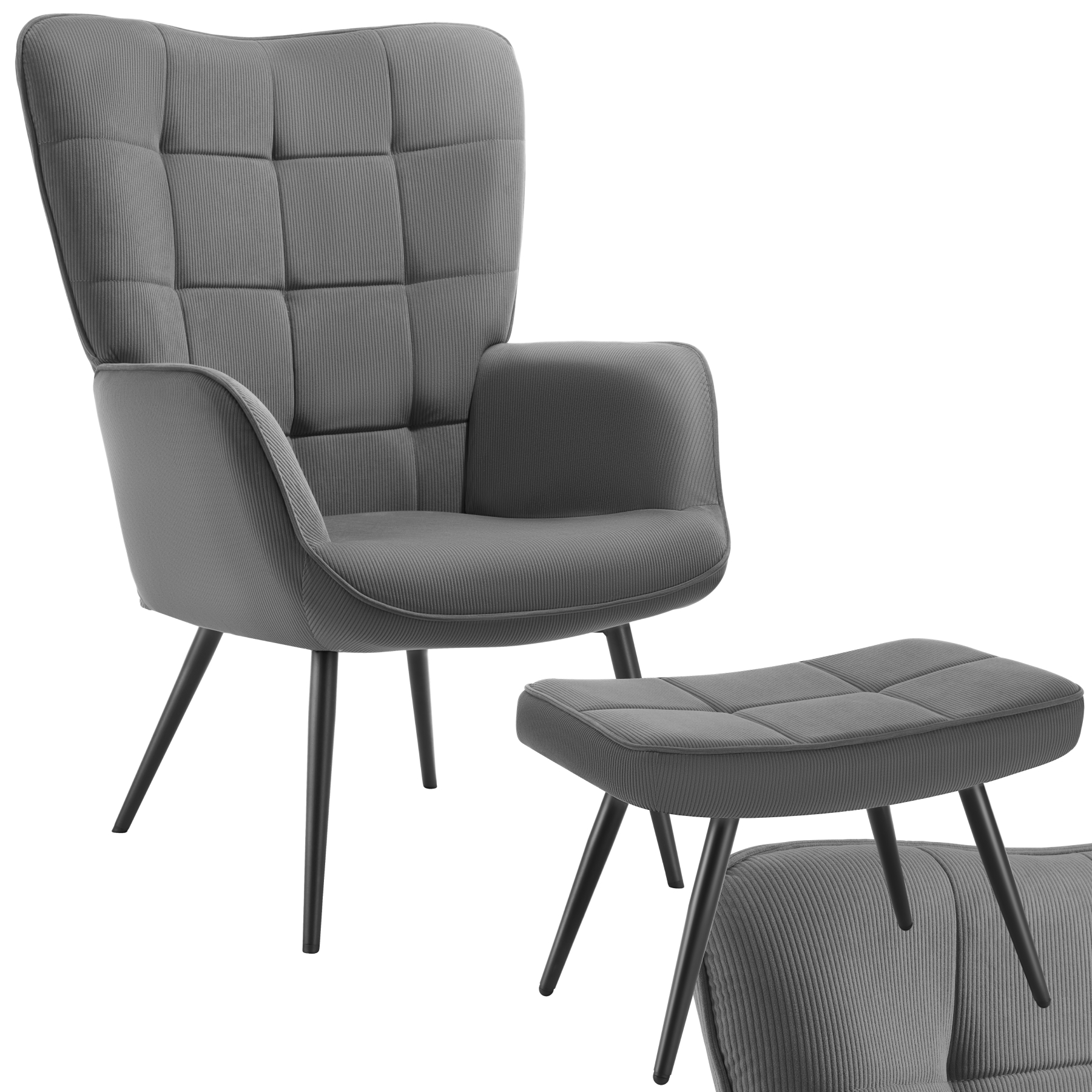 Sessel Hygge gepolstert, ergonomisch, Belastbarkeit 150 kg - mit Hocker, Feincord anthrazit/schwarz