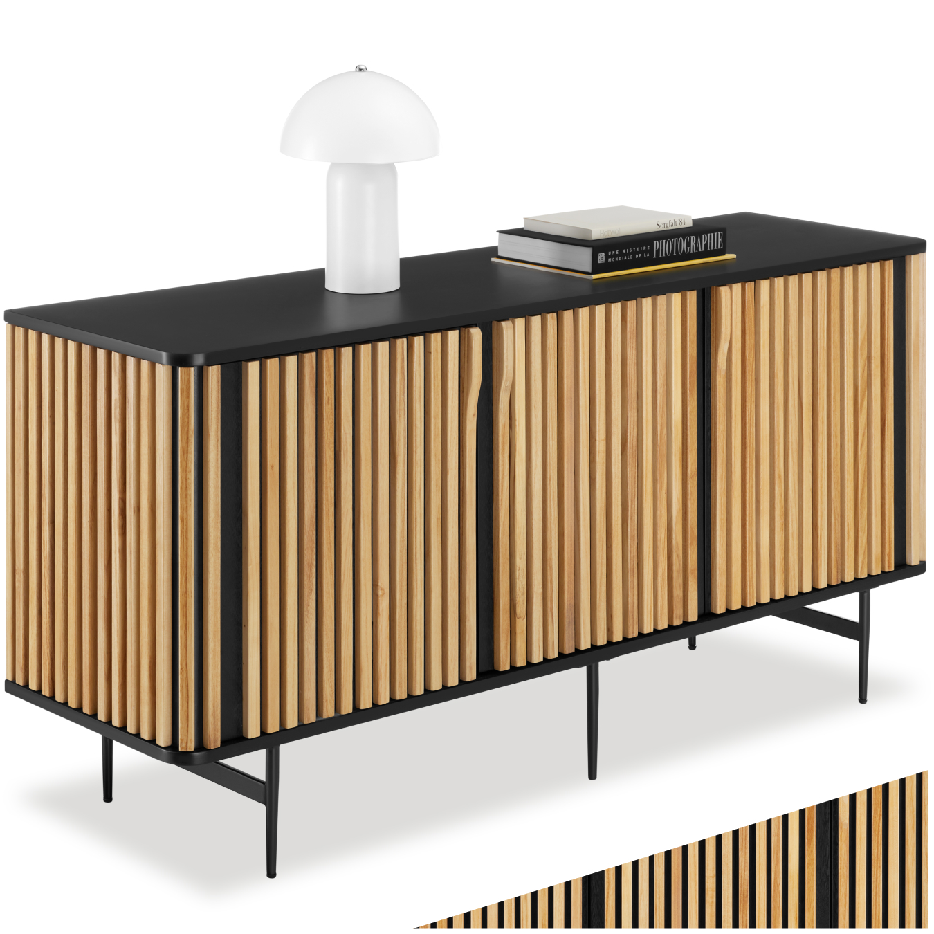 Dressoir Lineo, lamellenlook, 3 kastvakken - zwart/bruin