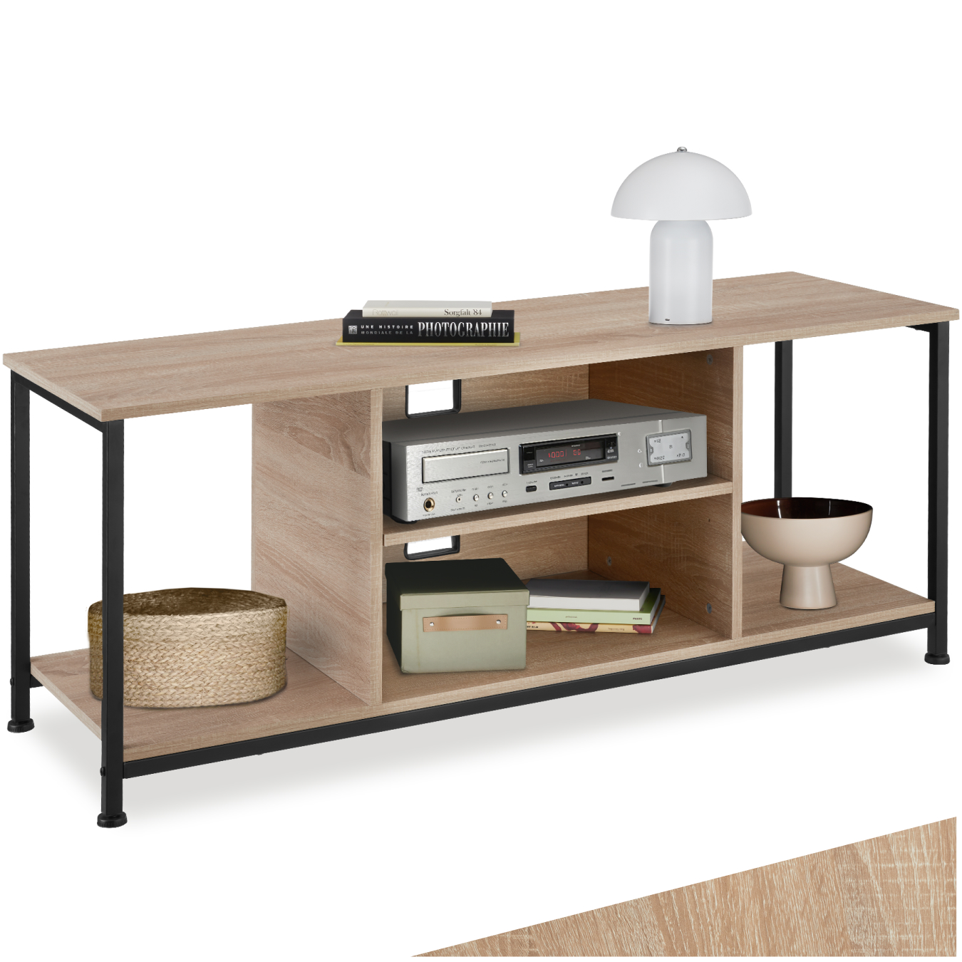TV-Regal mit 4 offenen Fächern und verstellbarem Einlegeboden - 120 cm, Industrial Holz hell, Eiche Sonoma