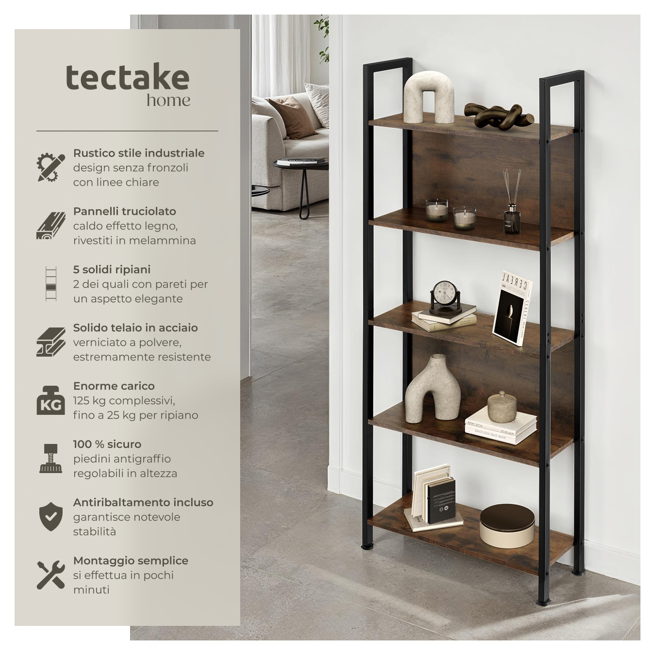 Scaffale scaffalatura alta libreria con 5 ripiani muro legno metallo industrial - Foto 3 di 25