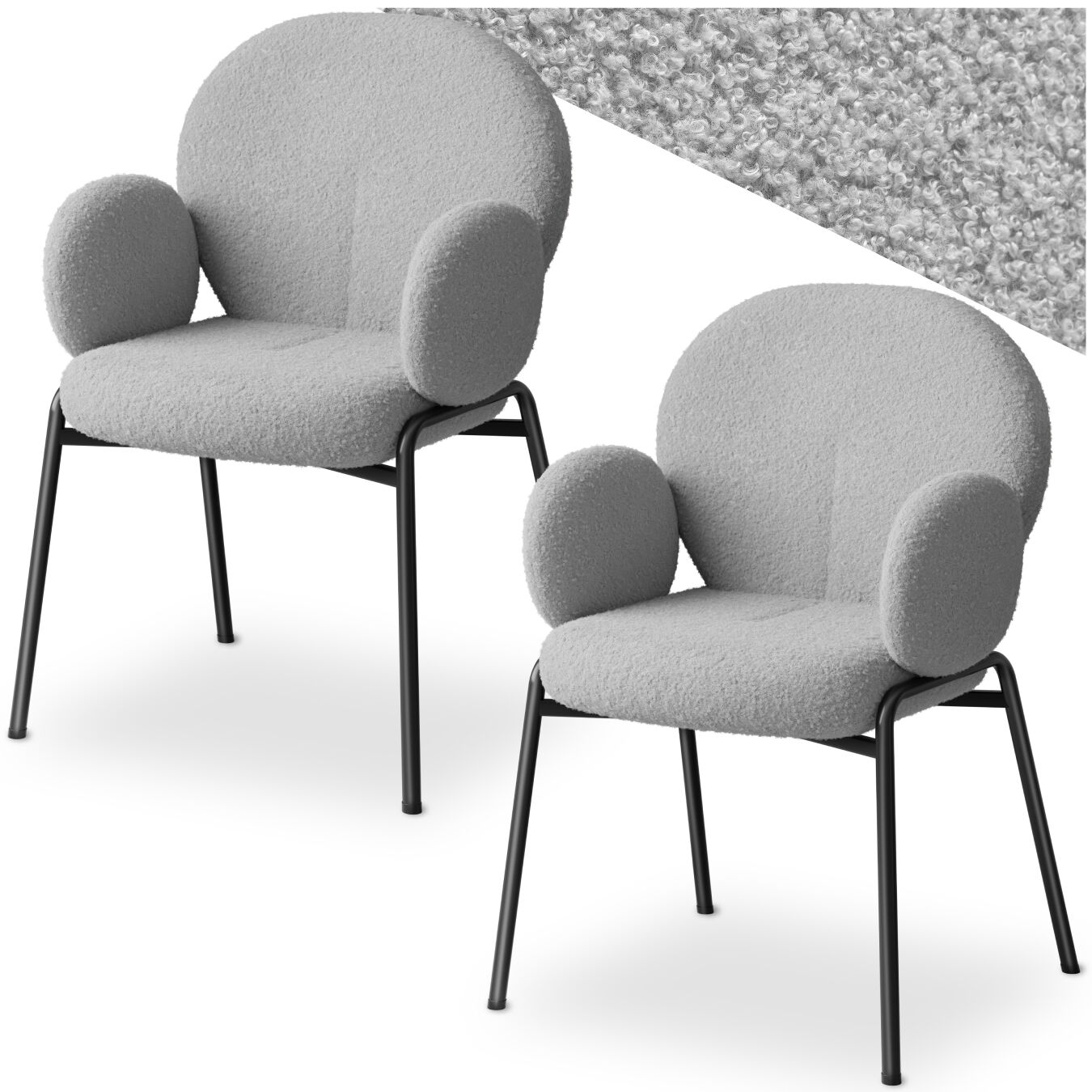 Stuhl, gepolstert mit Bouclé-Bezug, hohe Rückenlehne, bequeme Armlehnen, runde Stahlbeine - hellgrau | tectake