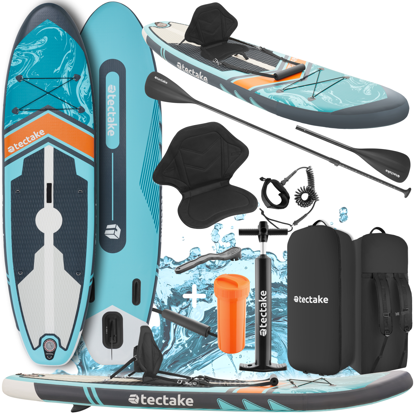 Prancha de Stand-Up Paddle 2 em 1 insuflável, kit completo - turquesa/laranja