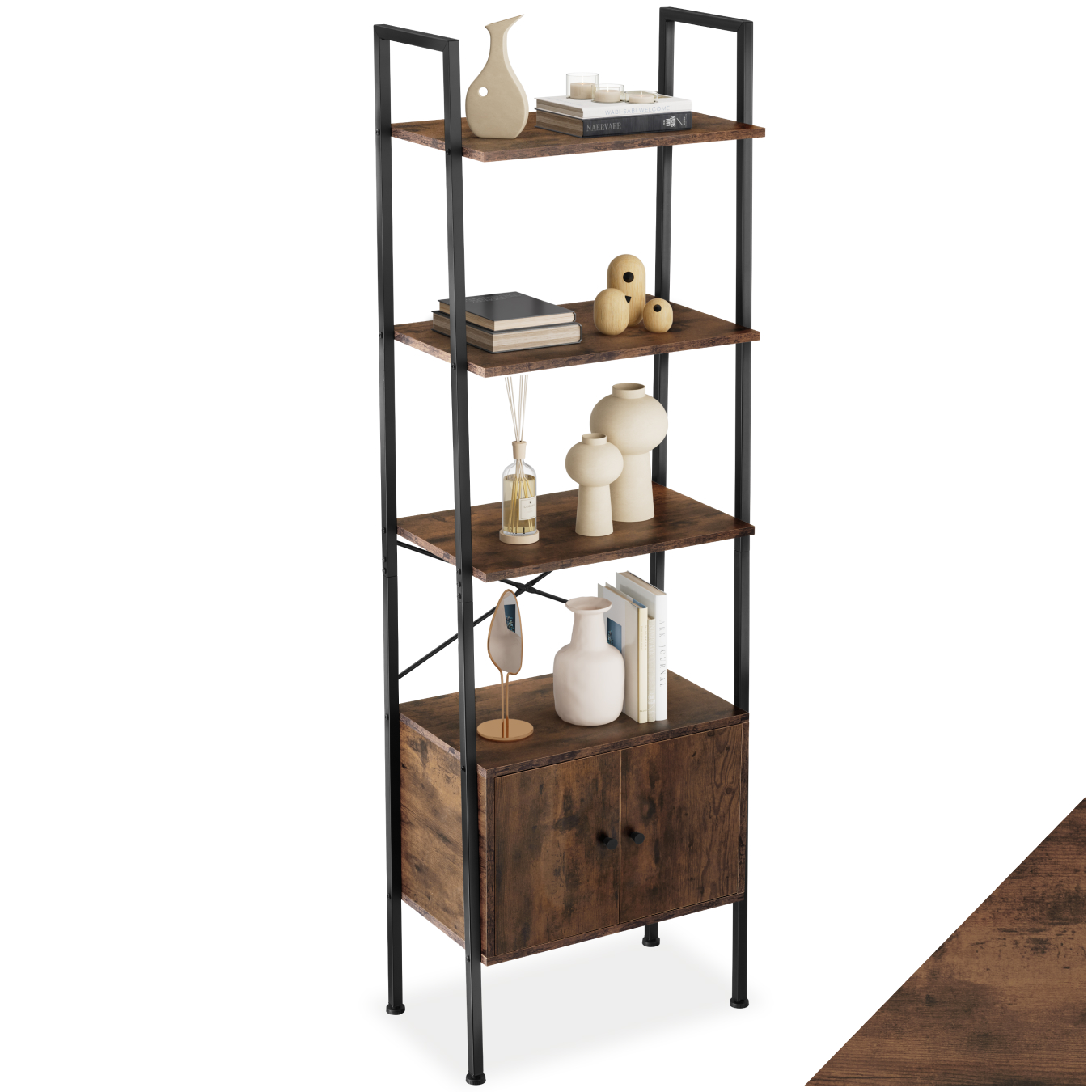 Ladder Shelf Brentwood - industrial style, 4 levels, 2 cupboards - Industrial wood dark, rustic