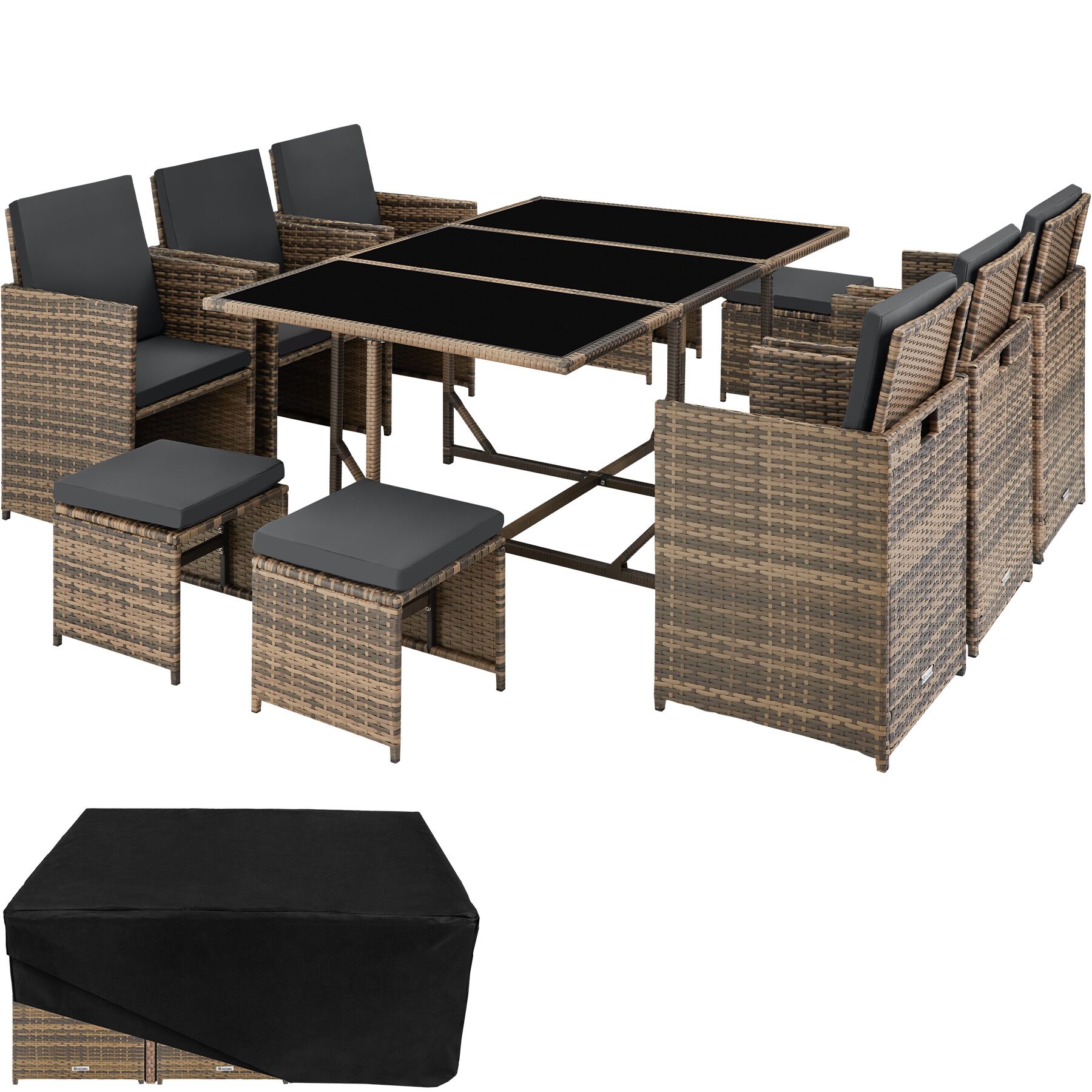 Rattan Sitzgruppe Malaga 6+4+1 mit Schutzhülle - natur