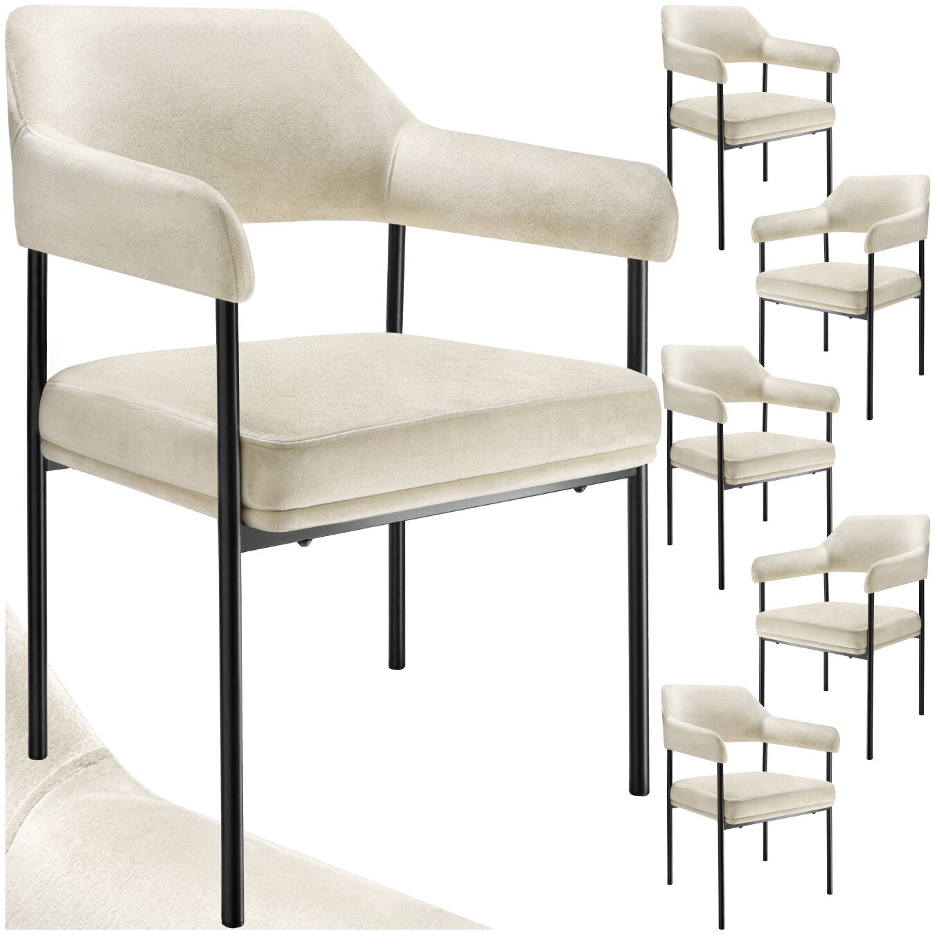 Armlehnstuhl Doé, gepolstert, Stahlbeine - Samtoptik off-white, 6er Set