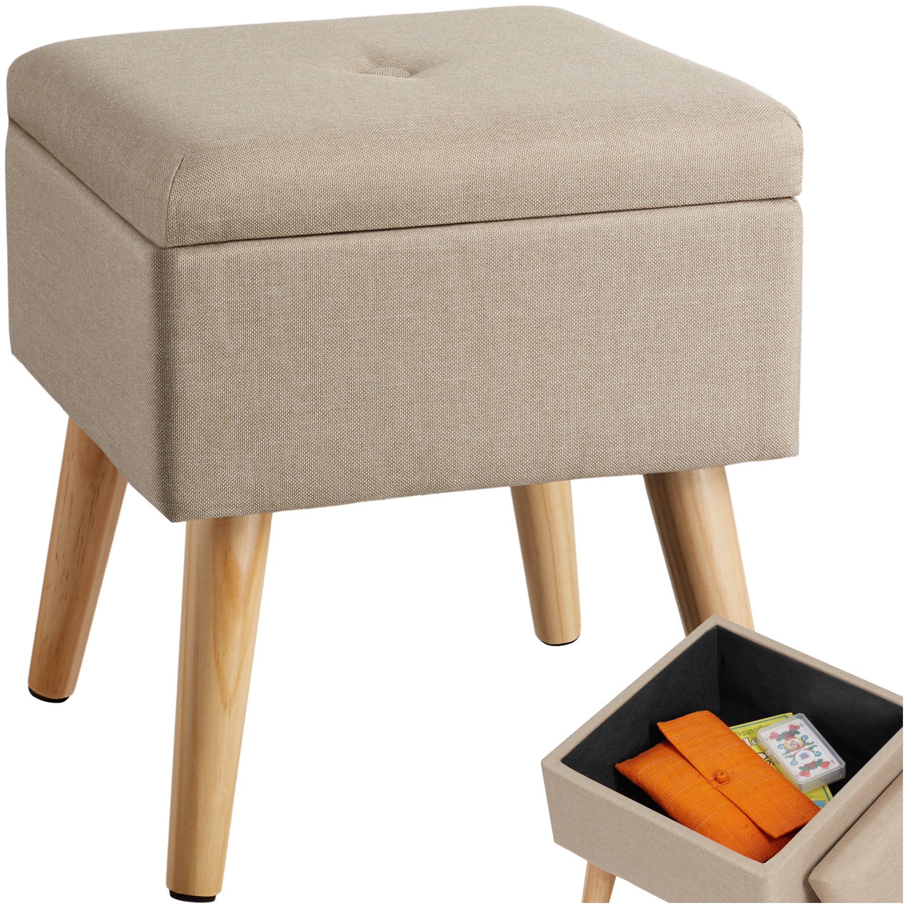 Tabouret avec coffre de rangement aspect lin ELVA carré - sable | tectake