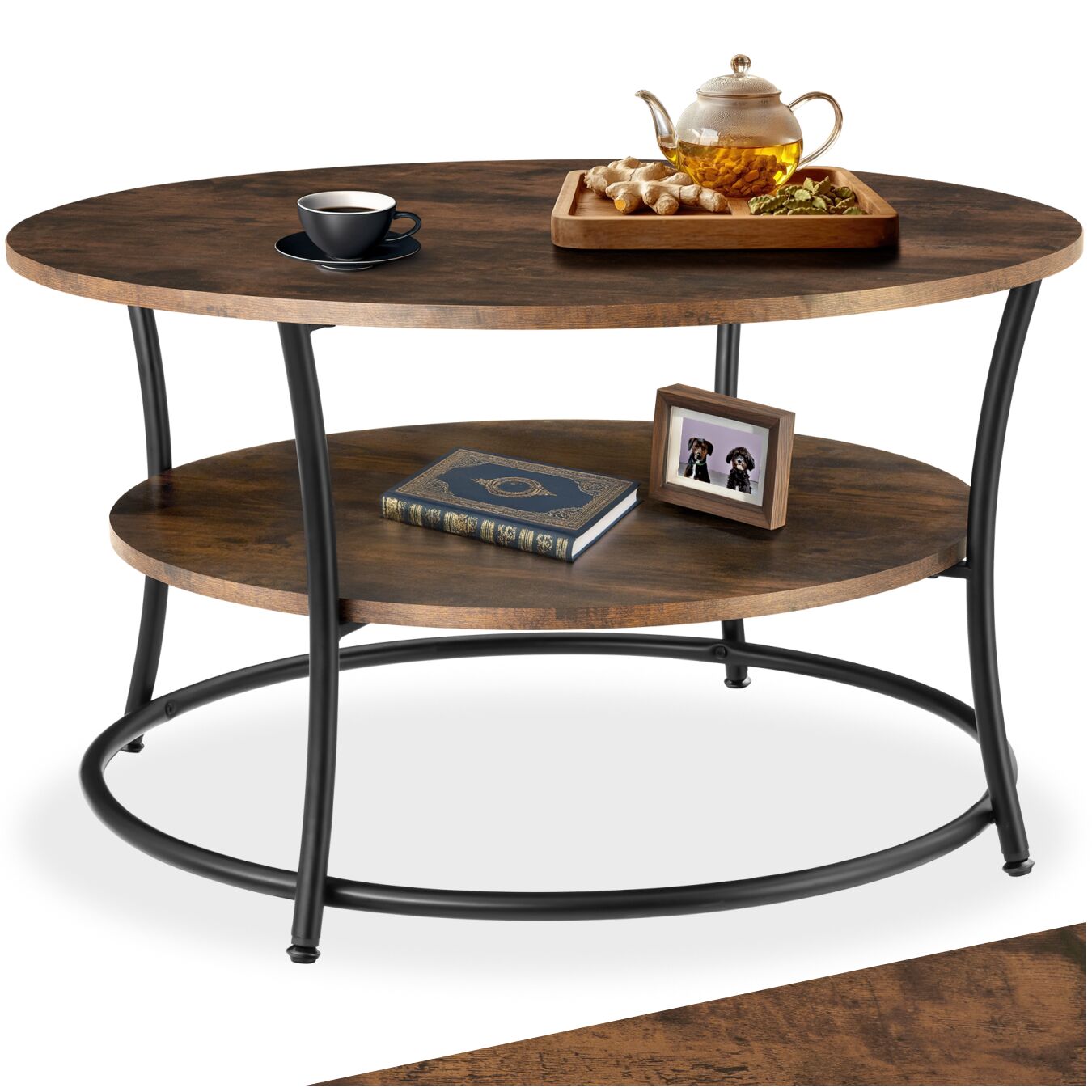 Couchtisch, Industrial Style, Holz und Stahl, rund mit 2 Ablagen - industrial dark
