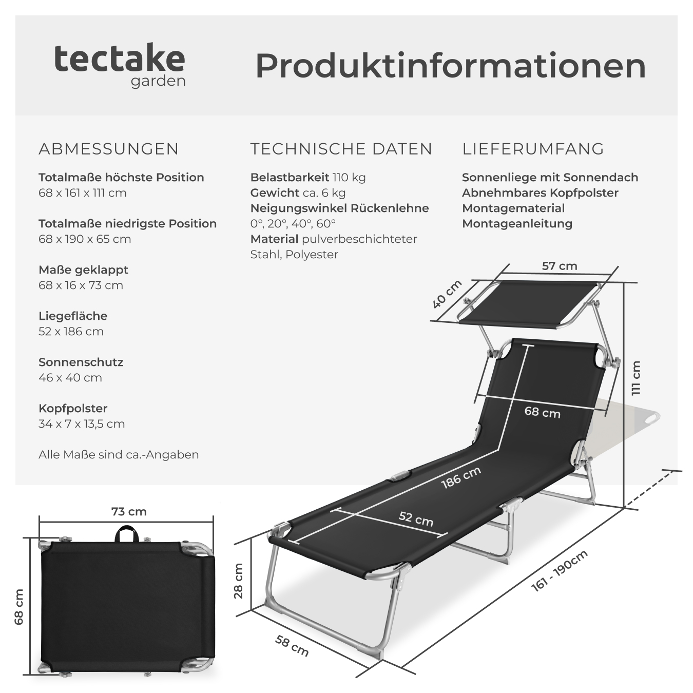 Sonnenliege mit Dach klappbar Gartenliege Relaxliege Strand Sonnendach 190 cm