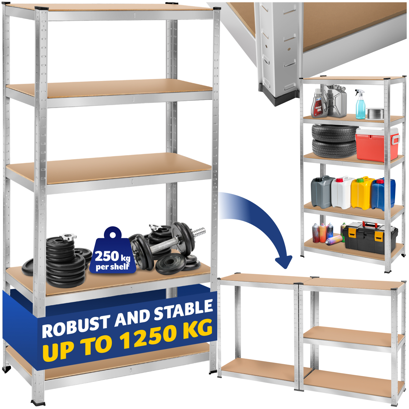 Garage Shelving - heavy-duty galvanised steel frame, height-adjustable shelves - 180 x 90 x 40 cm, 1250 kg | tectake