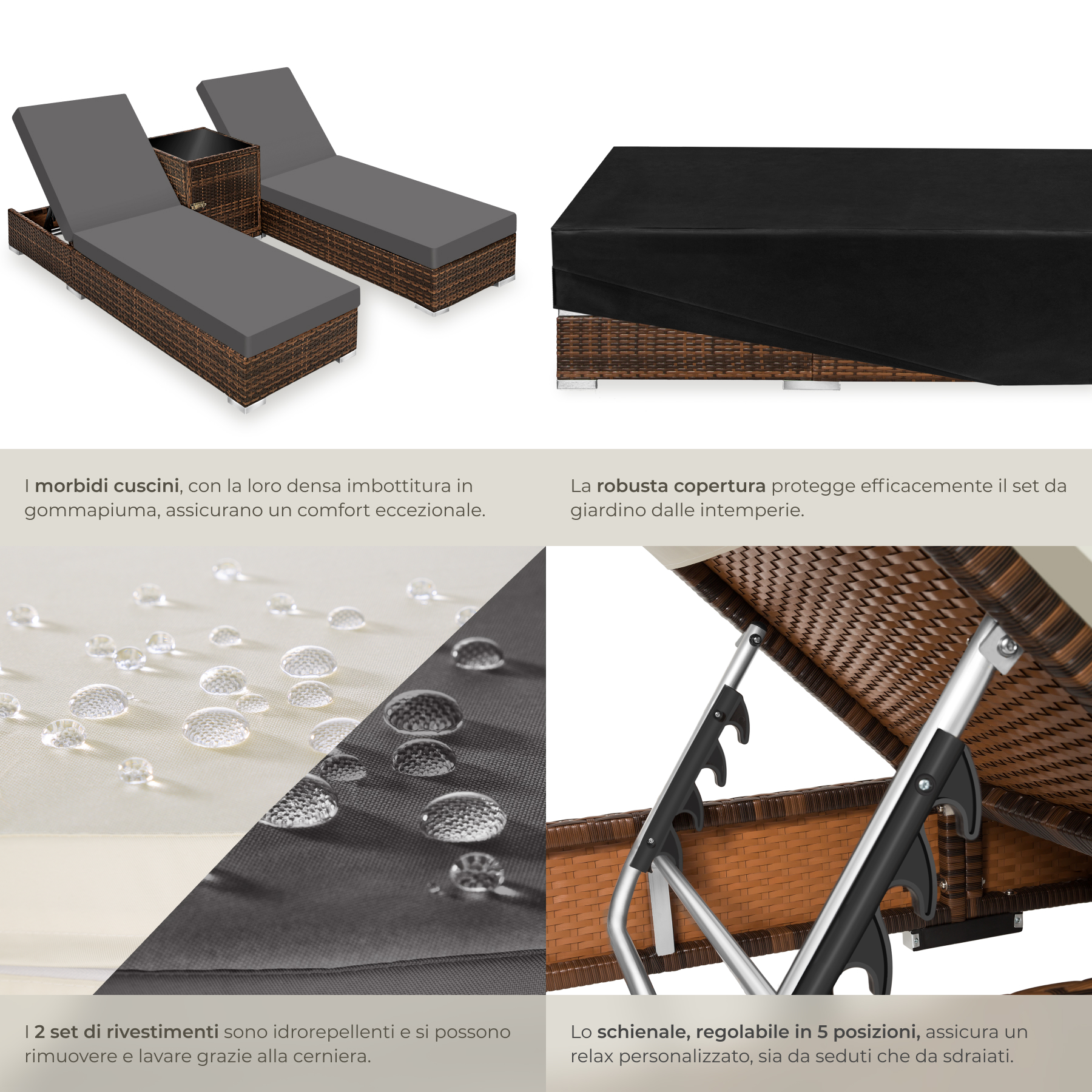 2 x sdraio in polyrattan + tavolo alluminio giardino rattan lettino mobili telo - Foto 6 di 67