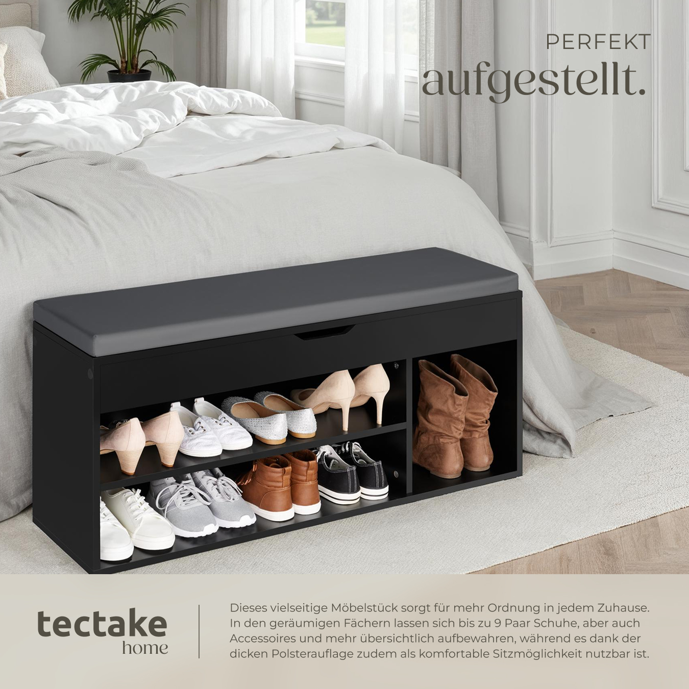 Schuhbank mit Sitzkissen Holz Schuhschrank Schuhregal Sitzfläche Klappfach 104cm - Bild 18 von 37