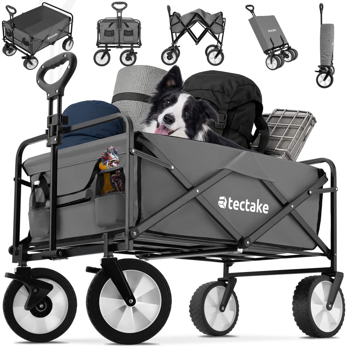 Garden Trolley Leon - foldable, with brakes, fabric insert, 2 pockets, bag - grey