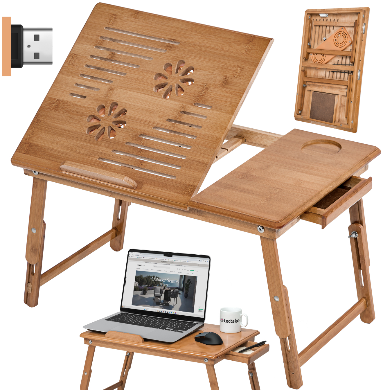 Houten laptoptafel, in hoogte verstelbaar, met dubbele USB-ventilator - bruin | tectake
