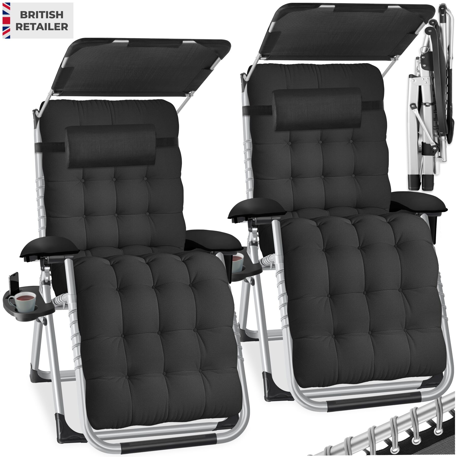 Sun Lounger Cirrus with Plush Padding, Built-in Sun Shade and Folding Function - black, Set of 2 | tectake