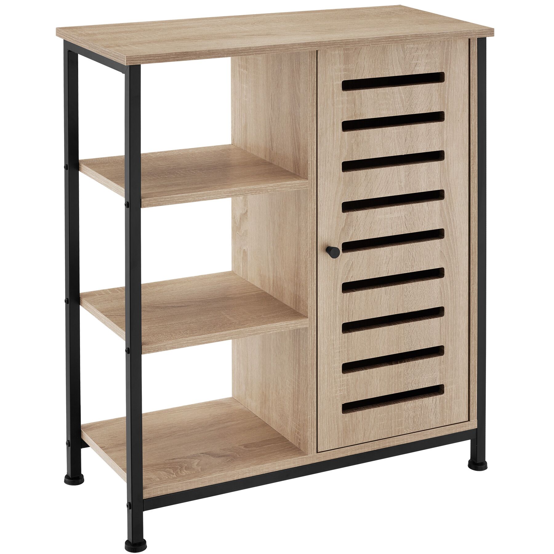 Sideboard - surface top, 3 open shelves, 1 cabinet with adjustable shelves - industrial wood light, oak Sonoma, Door hinge on the right