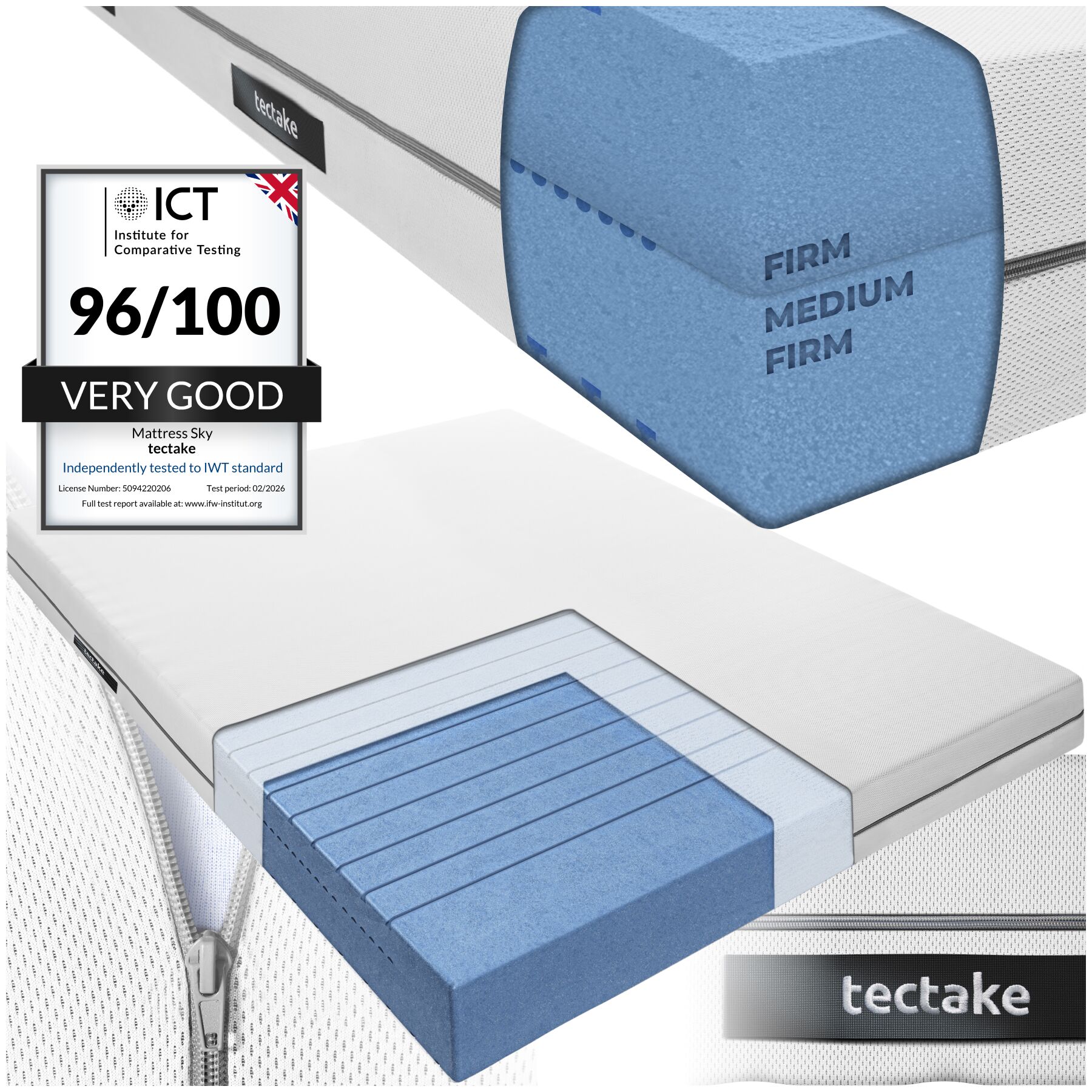 2-in-1 Mattress Sky - 2 firmness levels, 3D mesh surface - 140 x 190 cm | tectake