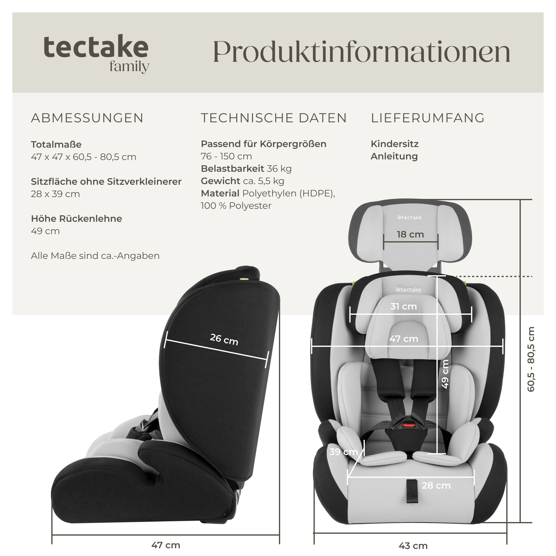 Autokindersitz Seitenaufprallschutz Autositz 5-Punkt-Gurt Sicherheitssitz 36kg