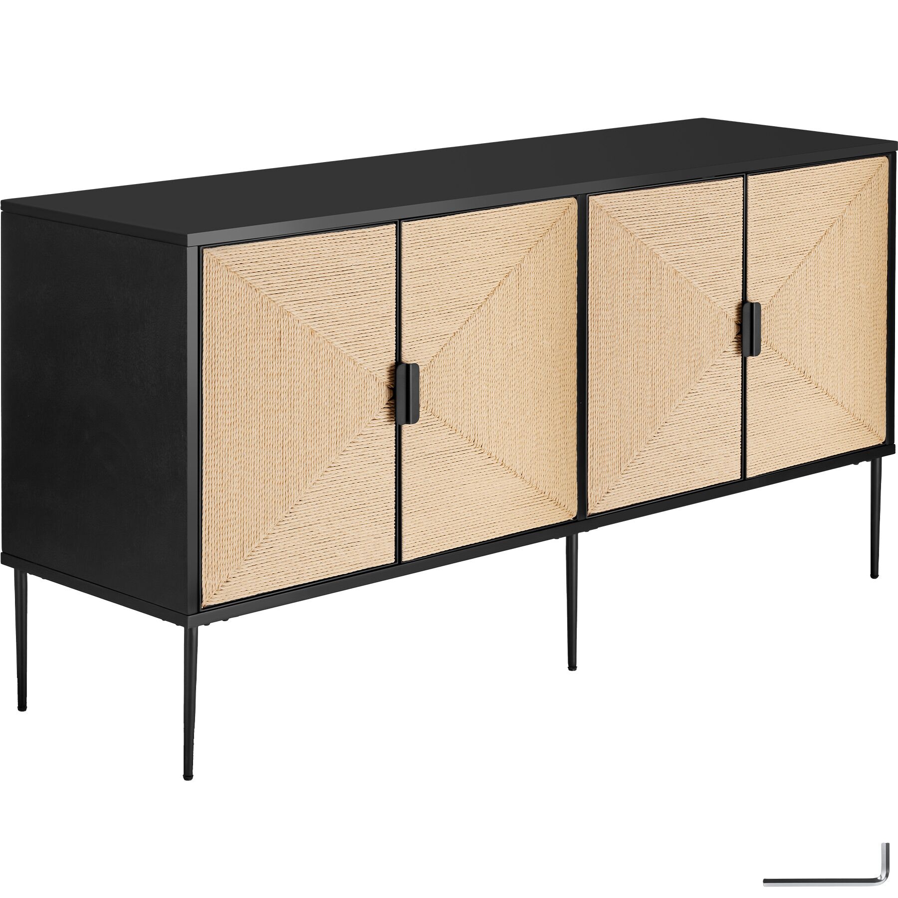 Sideboard Juna, fronts in jute look, 2 cupboard compartments - black/brown