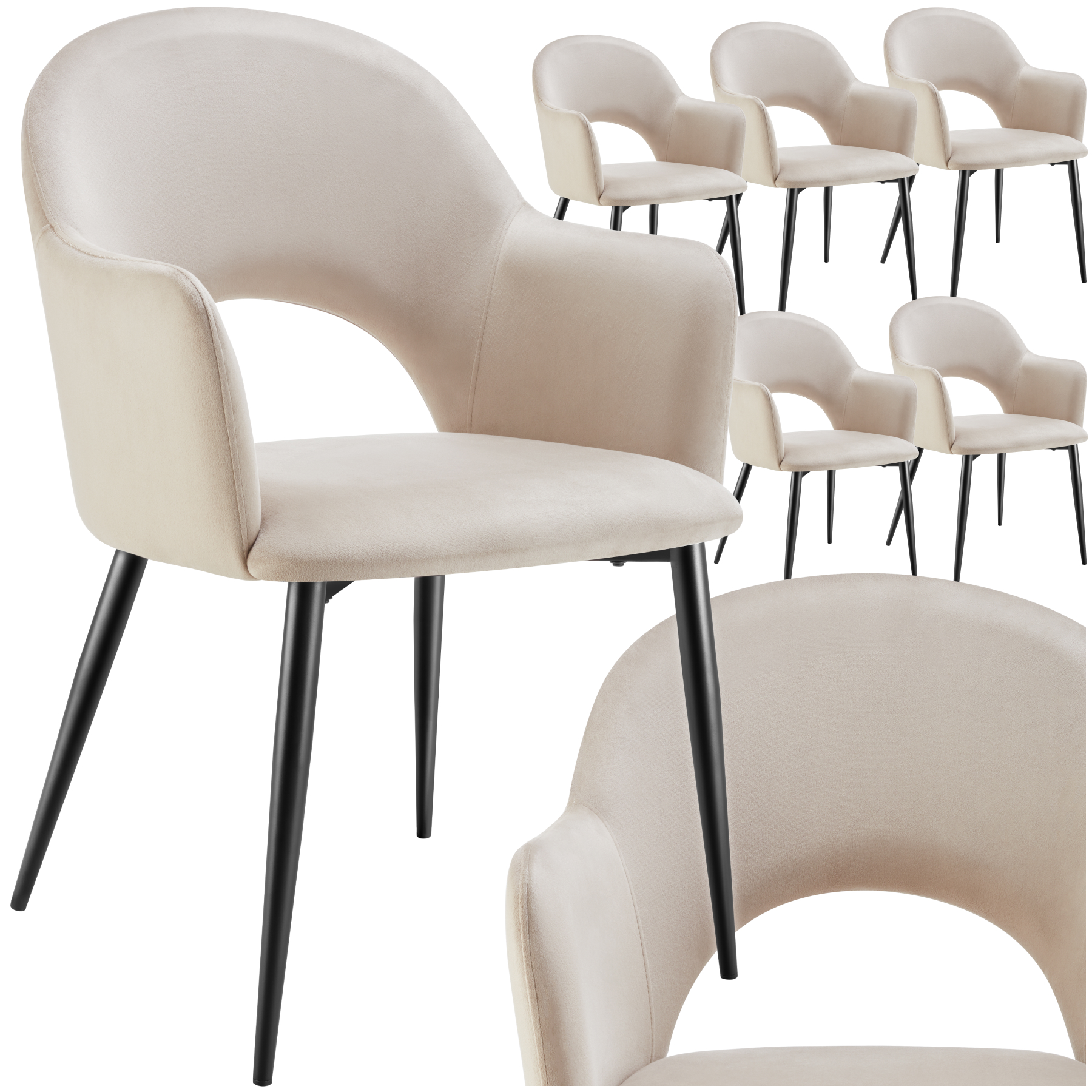 Dining Chair Sasha- padded armchair in velvet look, continuous backrest - cream, Set of 6