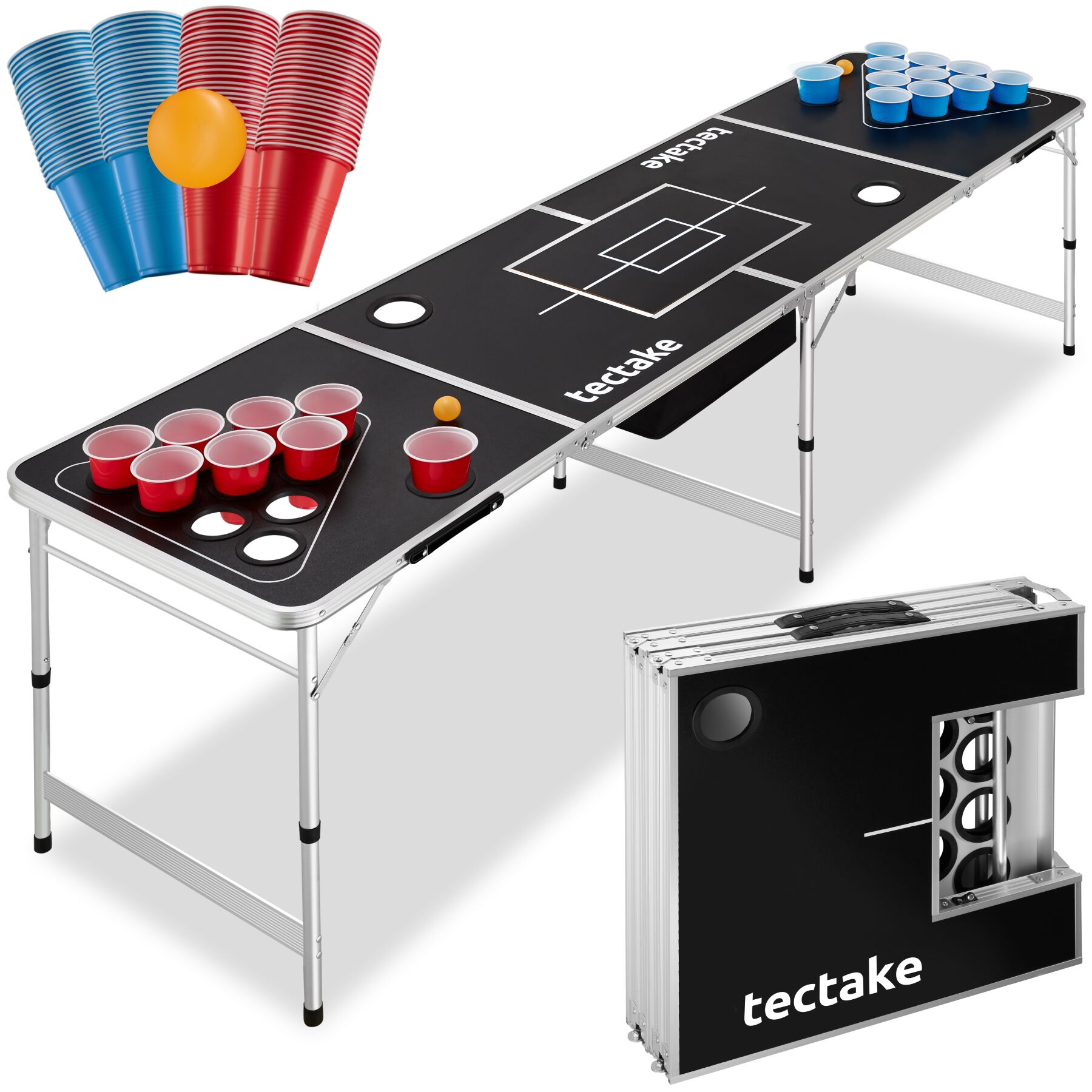 Table de beer pong en aluminium Beer Ball Blitz avec compartiment à glace, pliable - noir | tectake