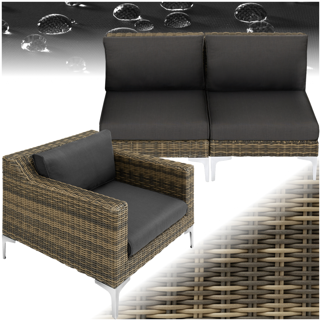 Ensemble modulaire en rotin Villanova Aluminium, lot de 3 canapés 2 places - gris anthracite chiné | tectake