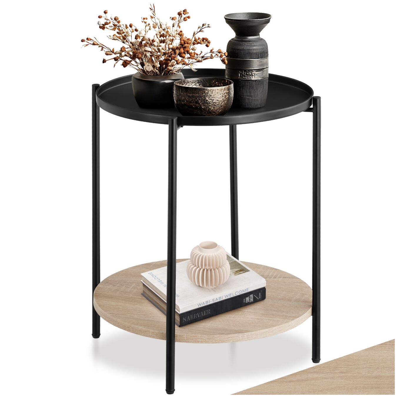 Bedside Table Sunderland - industrial style, round with 2 shelves, 45.5 x 54.5 cm - industrial wood light, oak Sonoma | tectake