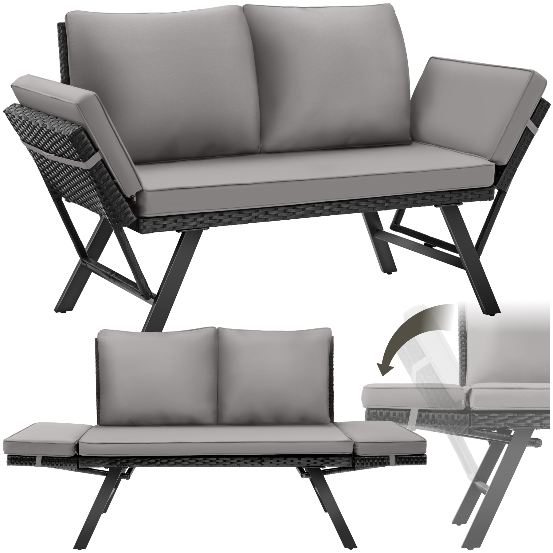 Rattan-Loungesofa Sintra, verstellbare Armlehnen, 2in1 - hellgrau/schwarz - Rattanmöbel von tectake