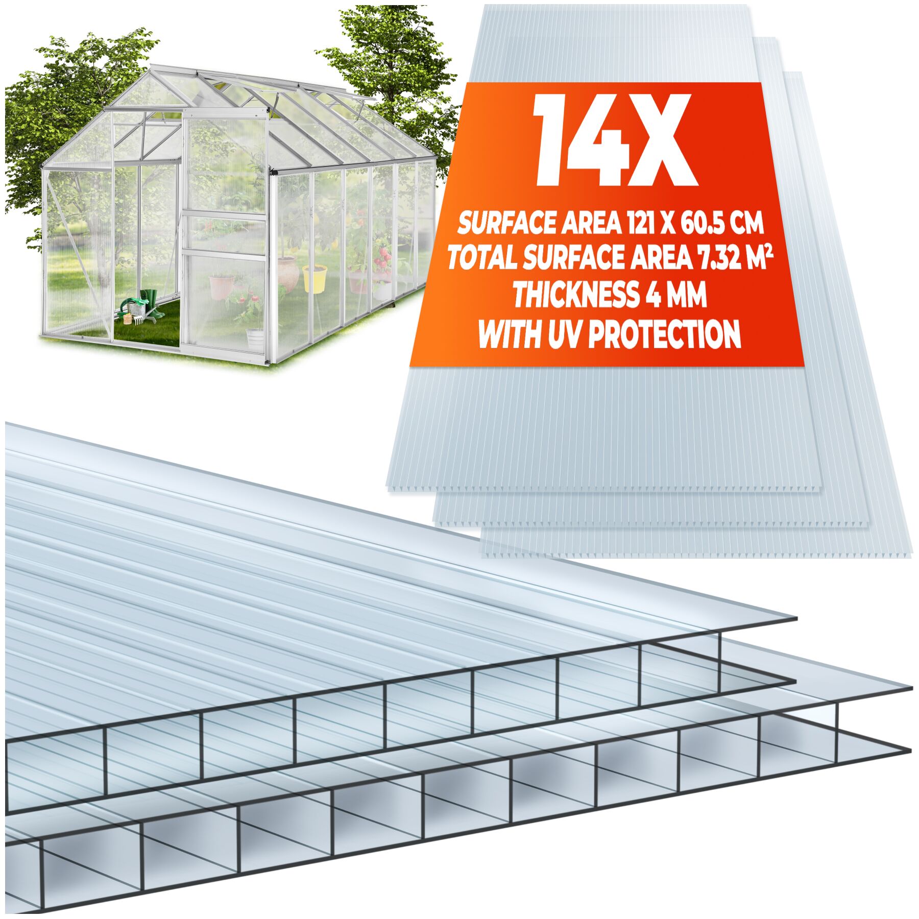 Polycarbonate Panels - dual-walled, cuttable, insulating - transparent | tectake