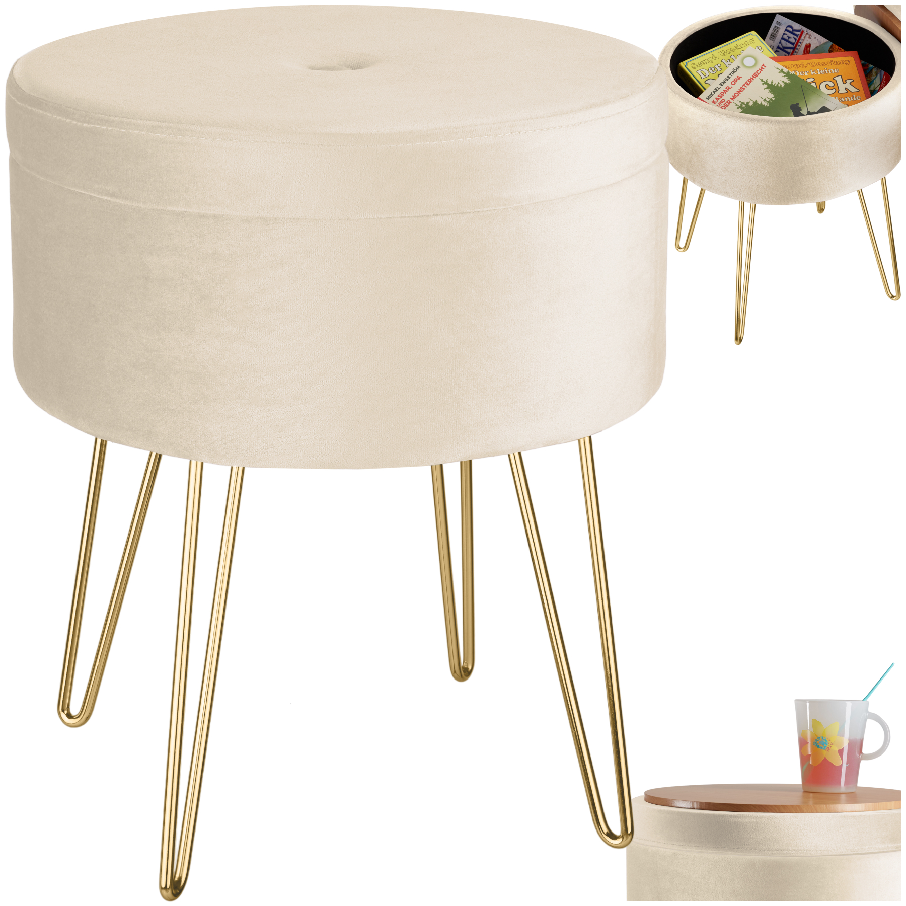 Sitzhocker Ava gepolstert in Samtoptik 300kg mit Stauraum - creme von tectake