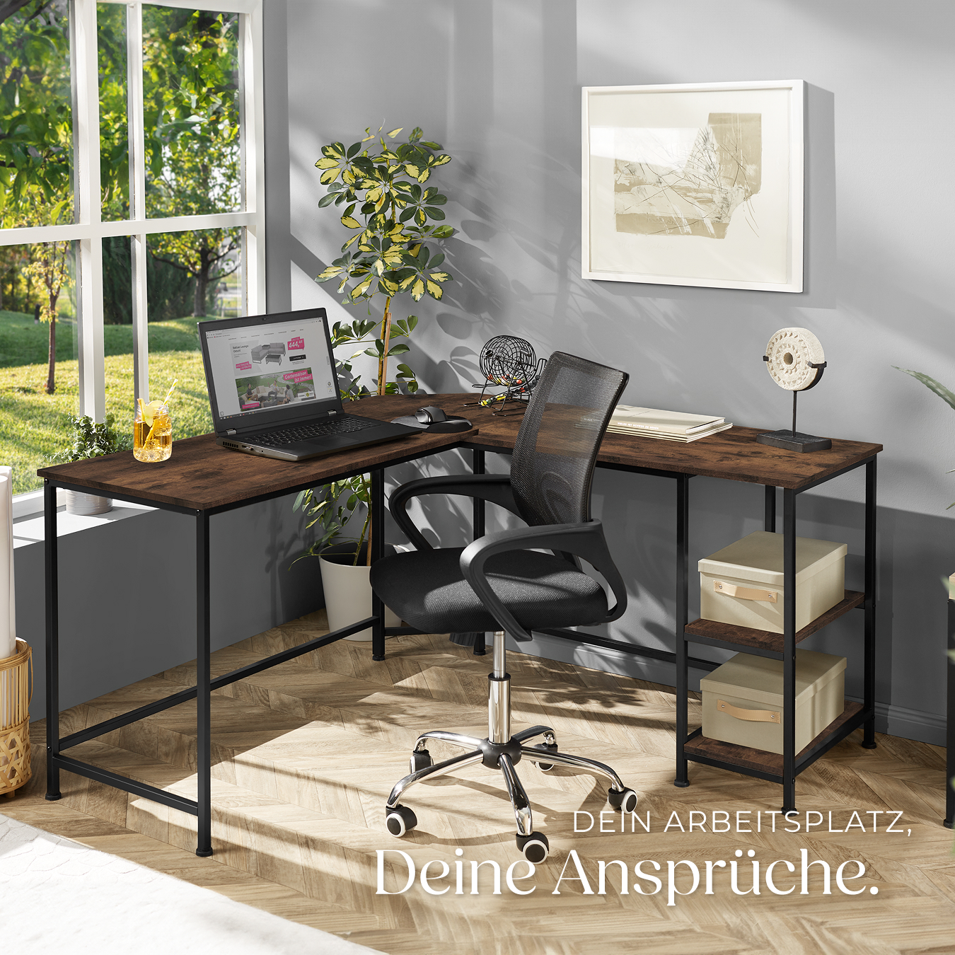 Schreibtisch Eckschreibtisch Computertisch mit Regal Bürotisch L-Form Industrial