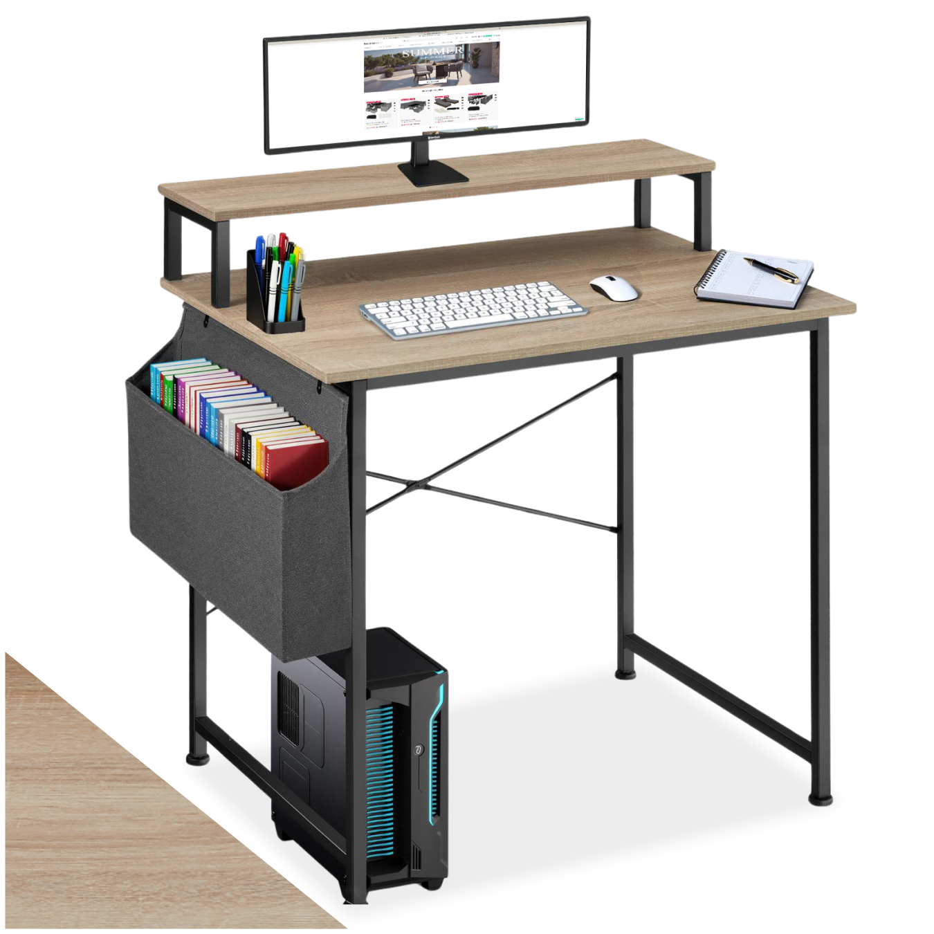 Desk - with shelving and fabric storage bag - industrial wood light, oak Sonoma, 80 cm