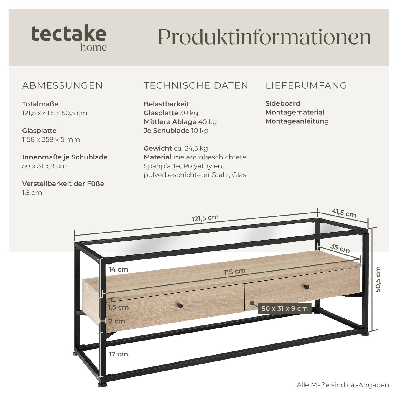 Lowboard Sideboard TV-Regal Fernsehtisch 2 Schubladen Glas Holz Metall Industrie