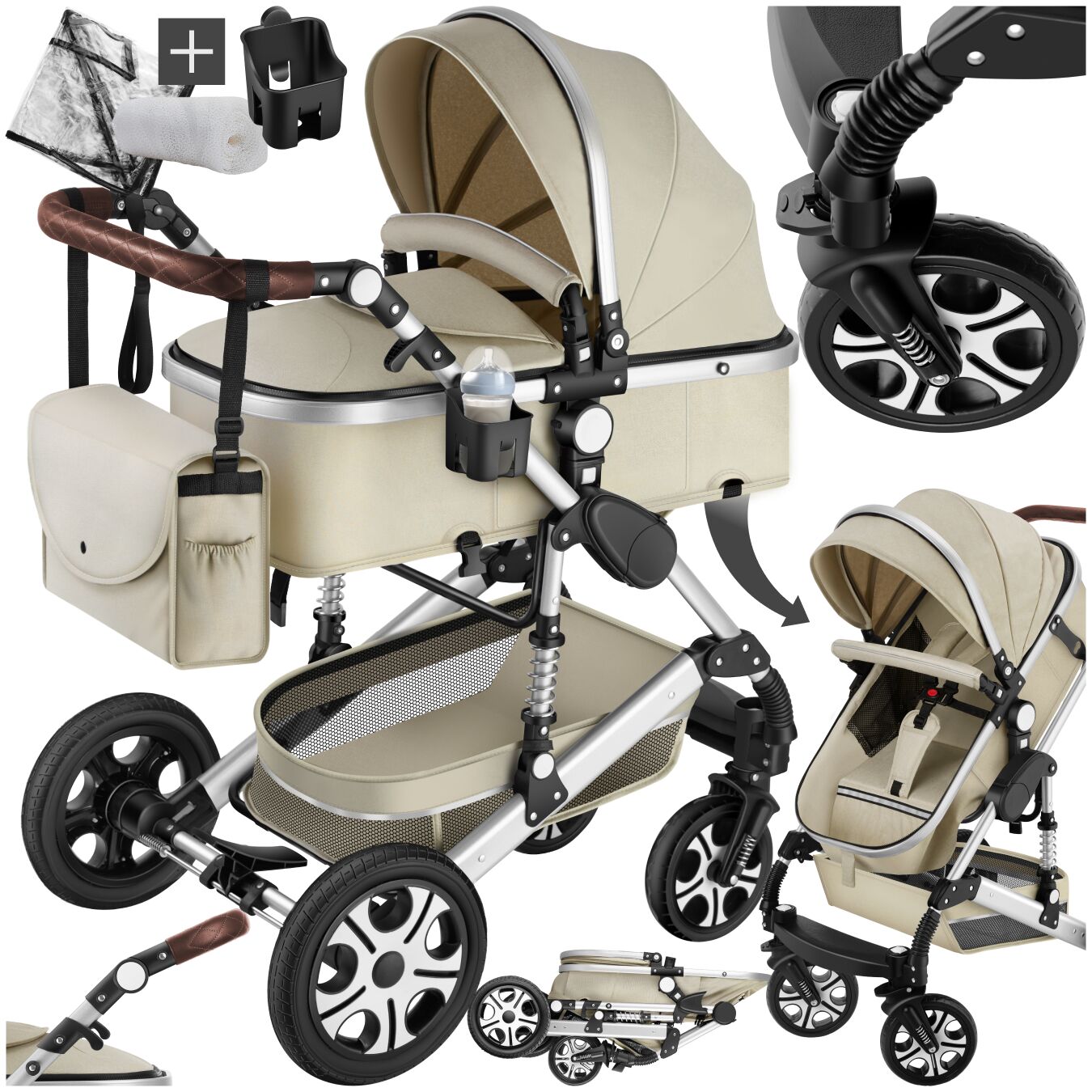 Kombi-Kinderwagen Mats, klappbar, 5-Punkt-Gurt - grau/beige