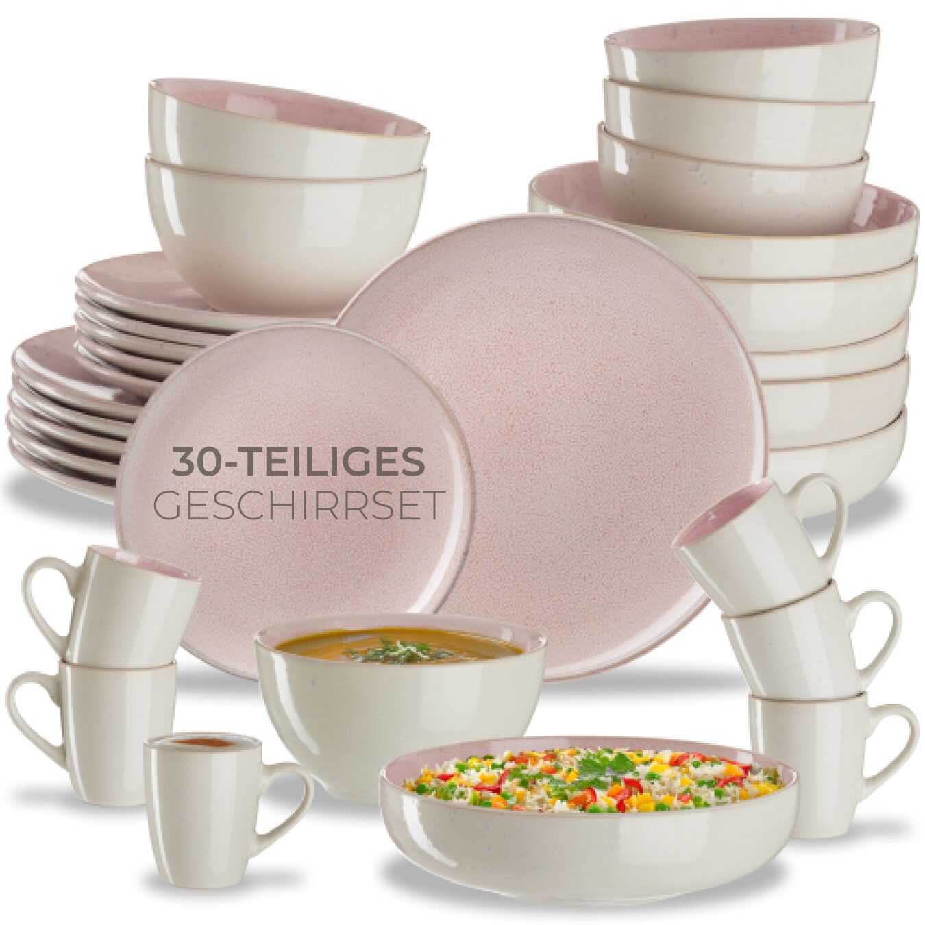 Geschirrset Mare aus Steingut, für 6 Personen - 30-tlg., rosa