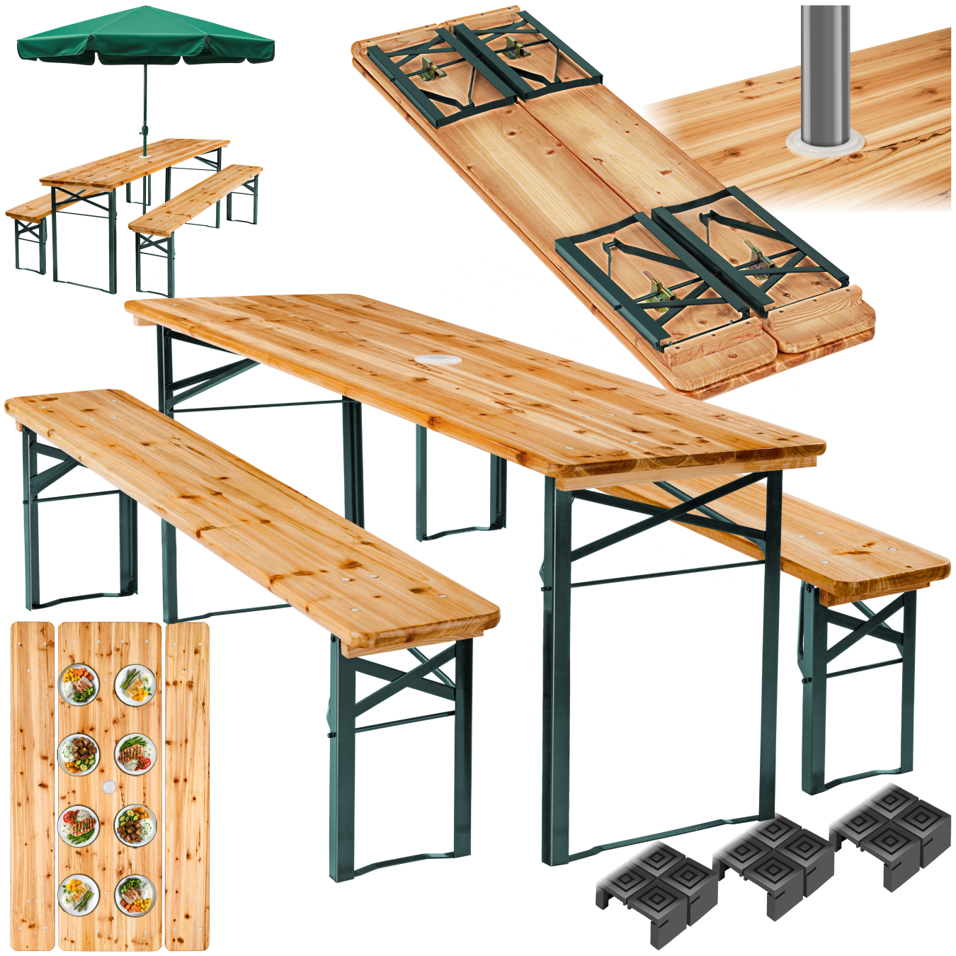 Set da esterno in 3 pezzi Ludwig pieghevole con supporto per ombrellone - marrone | tectake
