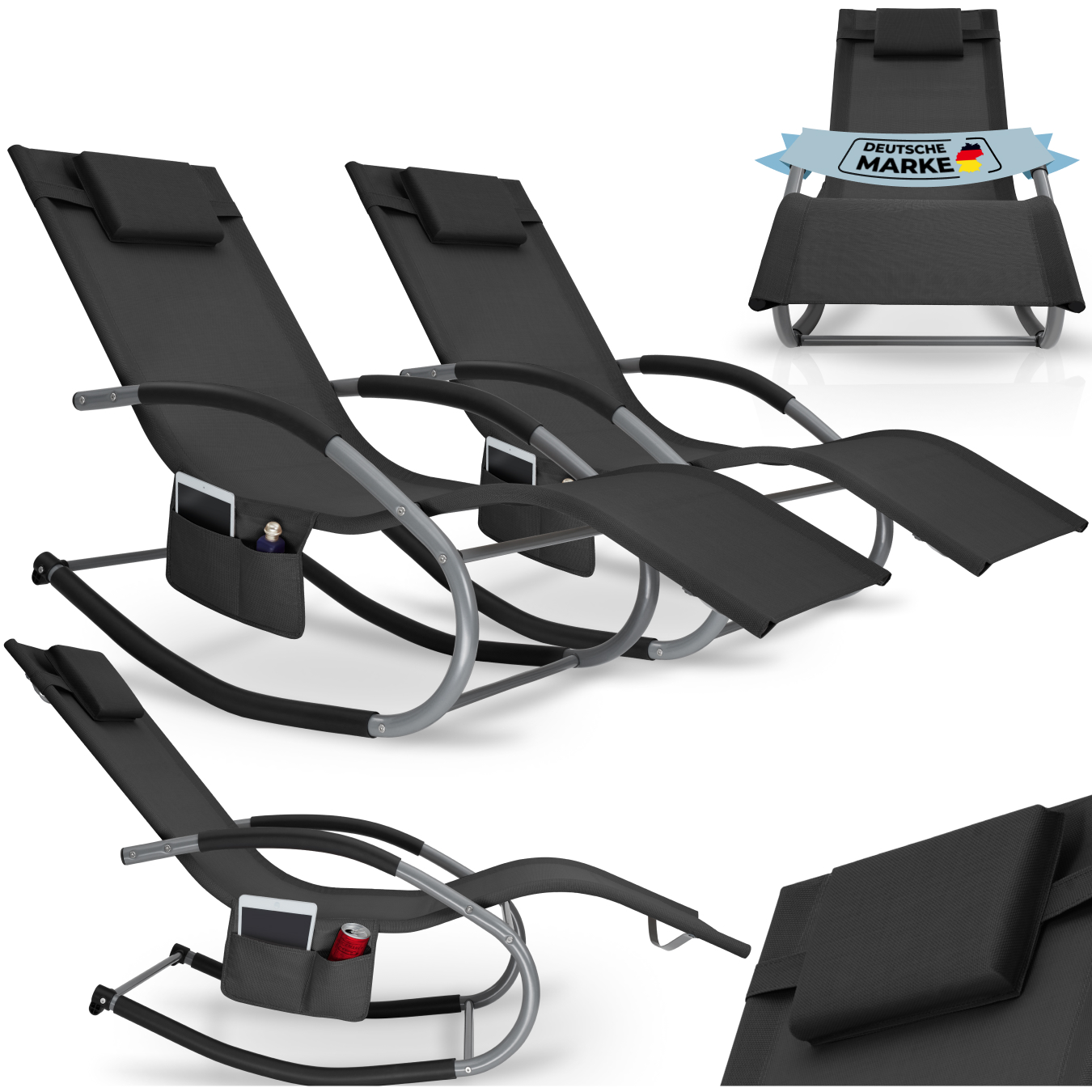 Sun Lounger Taya with a Modern Design, Rocking Function and Breathable Surface - black, Set of 2