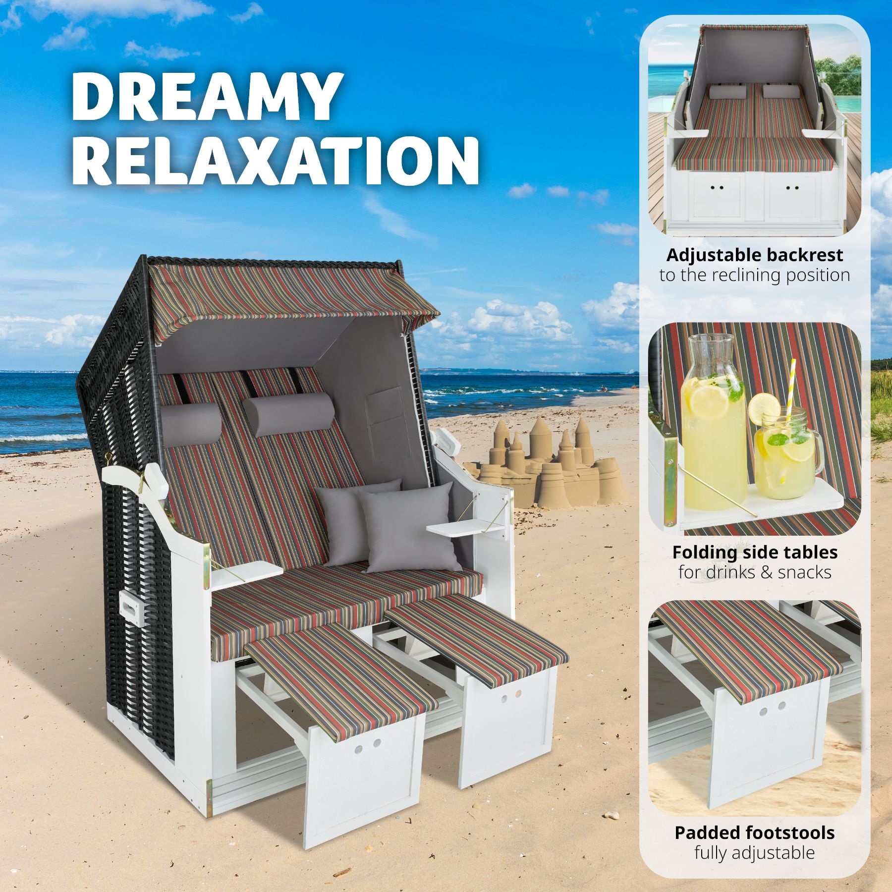 Wicker Chair Outdoor Beach Sunbed with Pillows Roofed Recline Sun Lounger - Picture 44 of 49