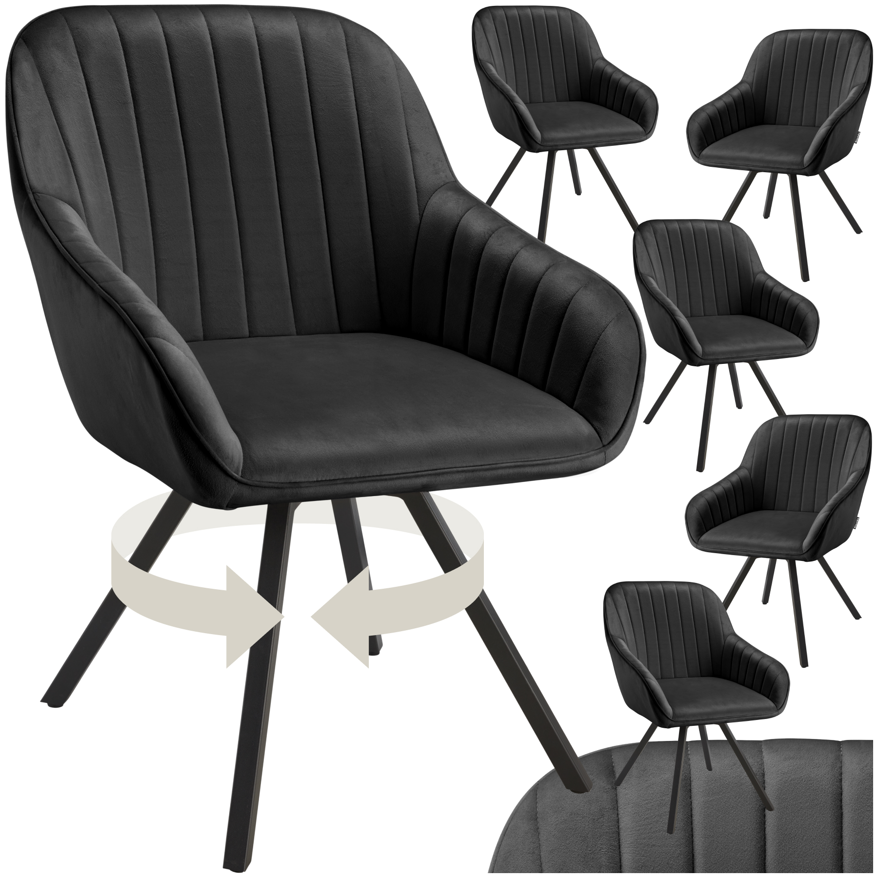 Chaise pivotante avec accoudoirs Snug en velours, rembourrée - noir, Lot de 6