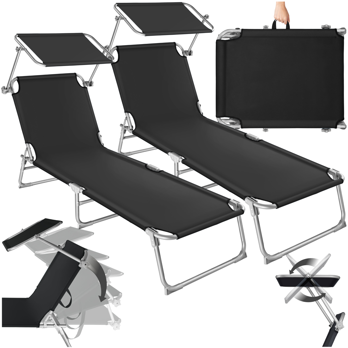 2er Set Gartenliege, klappbar, stufenlos verstellbares Sonnendach, 4-fach verstellbare Rückenlehne - schwarz