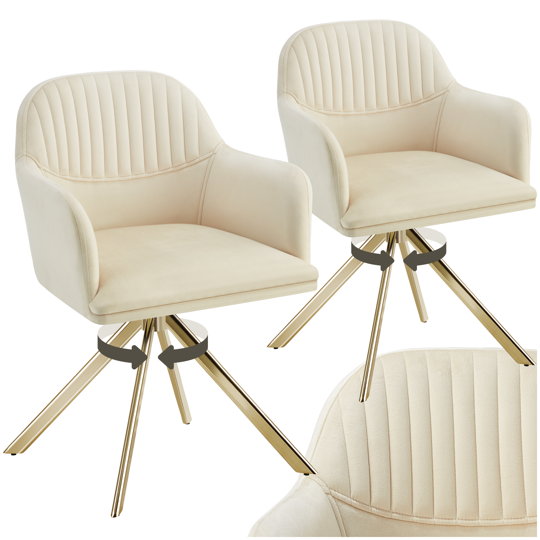 Samt-Drehstuhl Lona mit dicker Polsterung - creme/gold, 2er Set