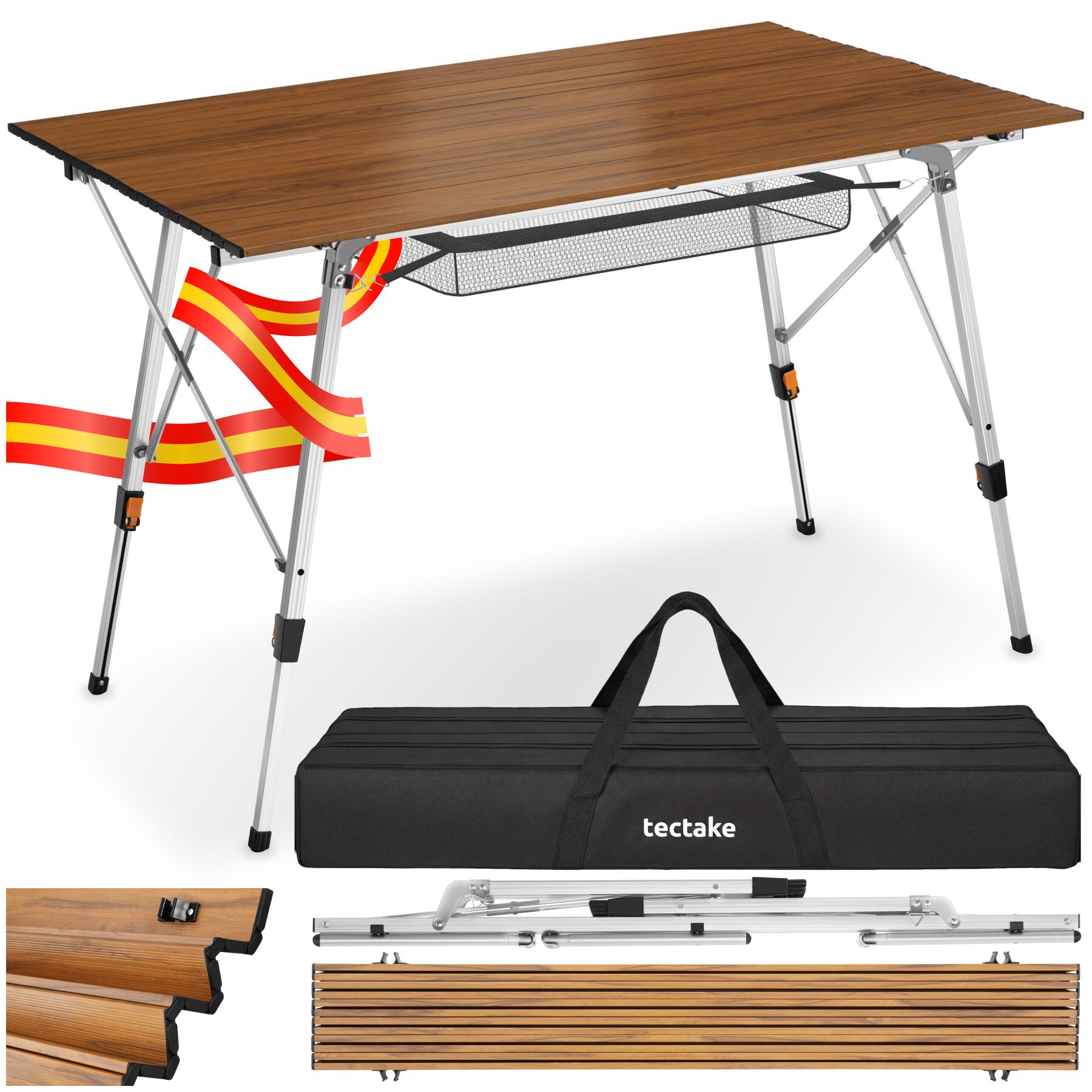 Mesa de camping Tina de aluminio, plegable y regulable en altura - aspecto de madera | tectake