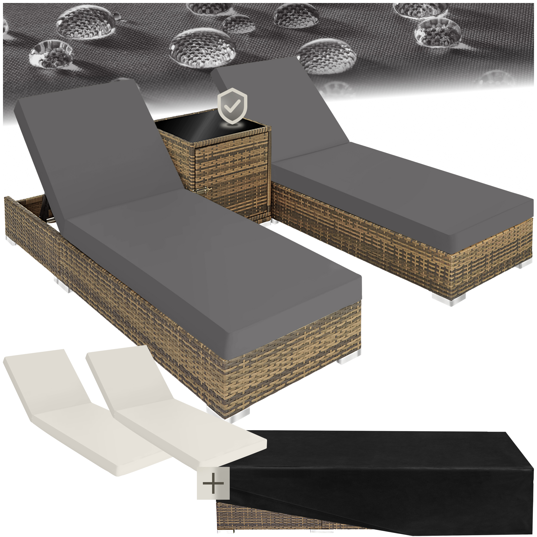 2 chaises longues en rotin avec structure en aluminium et table, housse de protection incluse - marron naturel | tectake